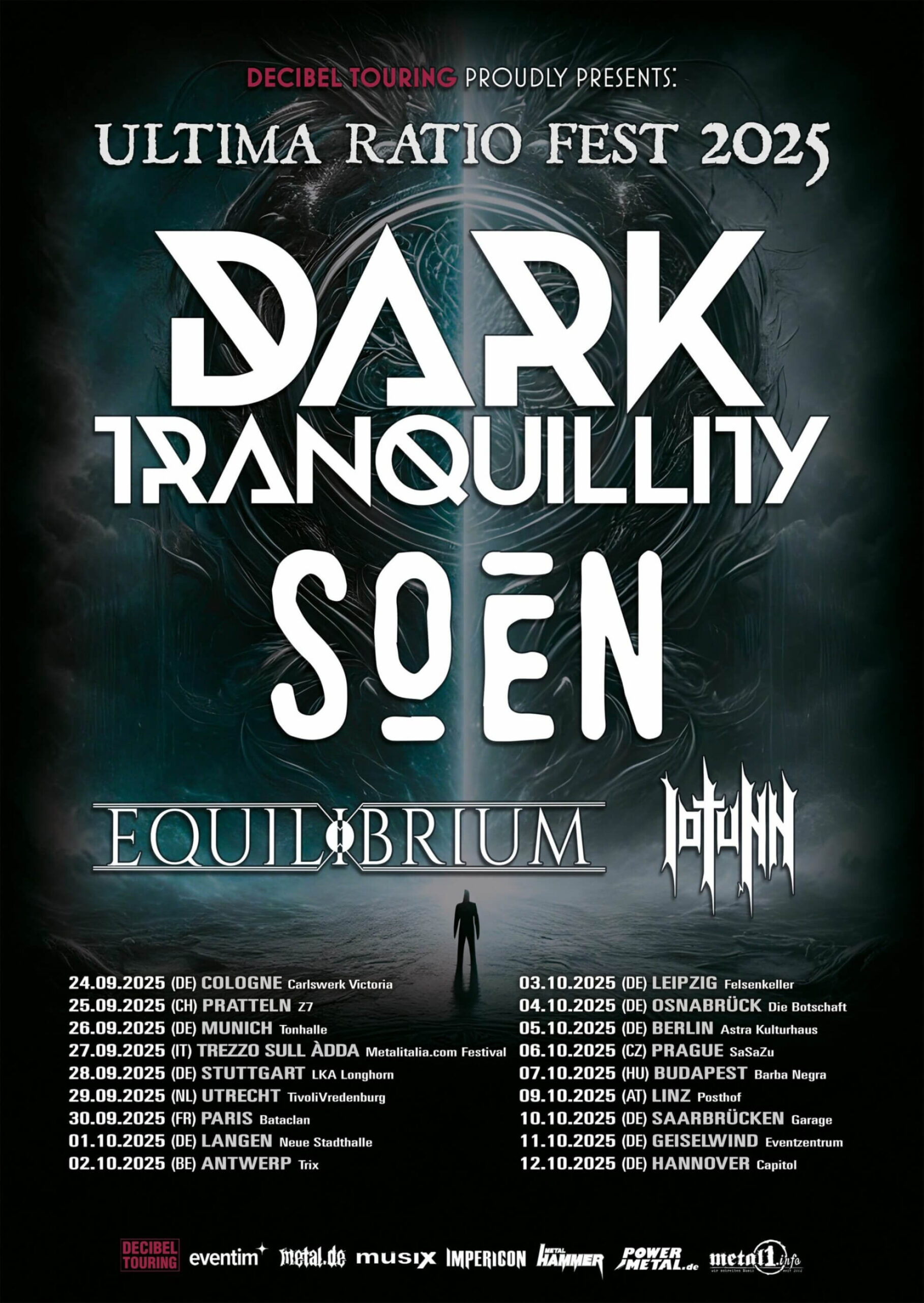Poster for Ultima Ratio Fest 2025. Features Dark Tranquillity, Soen, Equilibrium, and Iotunn against dark, mirrored art.