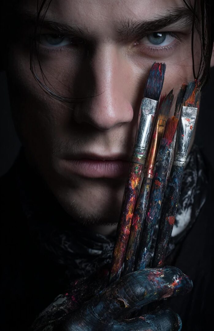 A close-up, atmospheric portrait of a male artist with an intense gaze, holding a handful of paint-covered brushes up to his face.