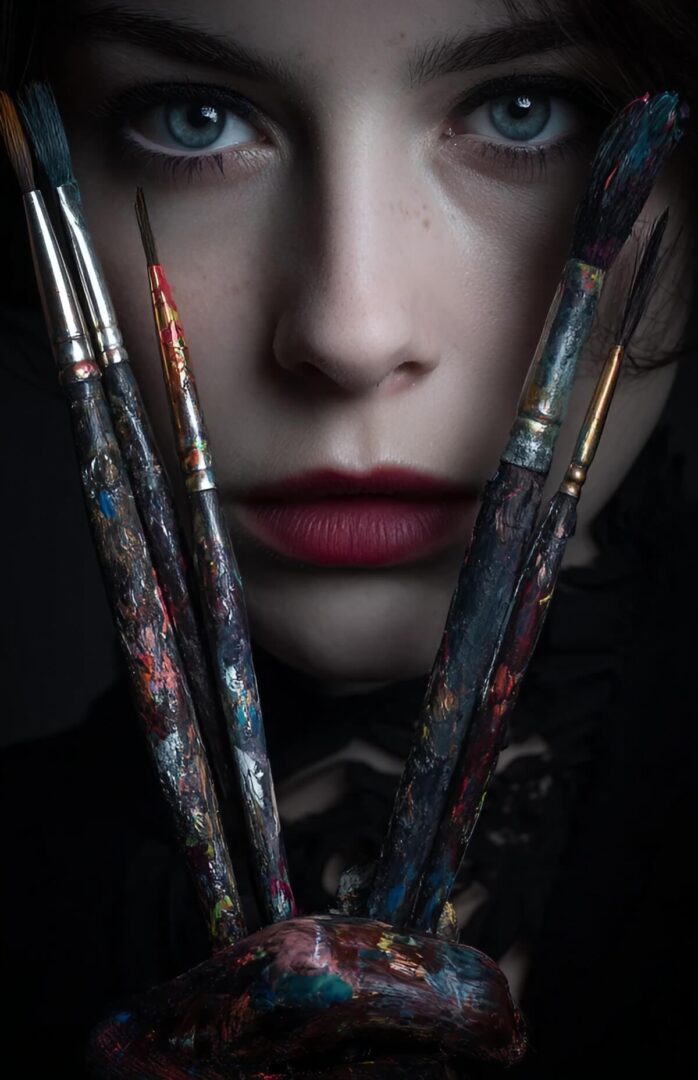 A close-up, atmospheric portrait of a male artist with an intense gaze, holding a handful of paint-covered brushes up to his face.