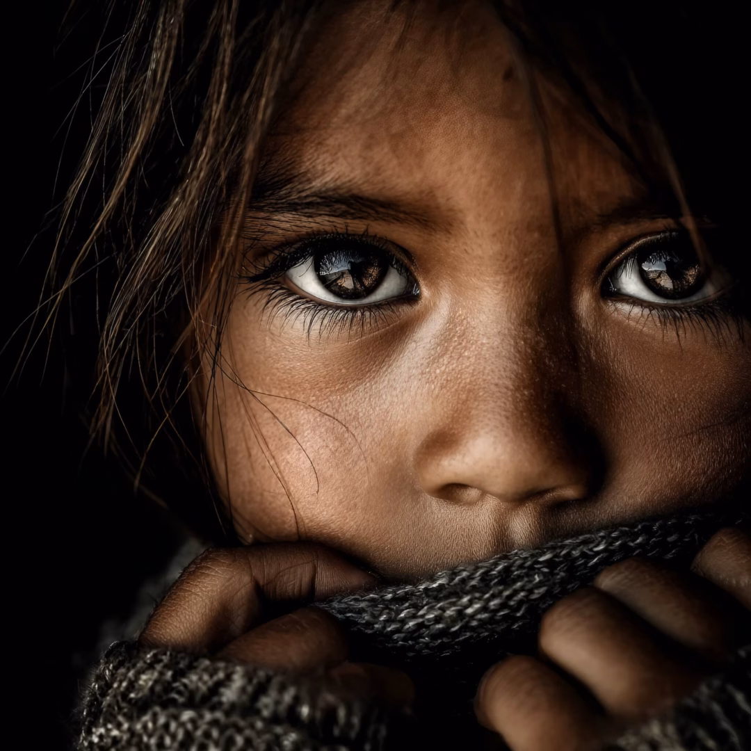 AExpo A close-up, atmospheric portrait of a young child with large brown eyes, pulling a gray knitted sweater over their mouth and looking directly at the camera with a vulnerable expression.