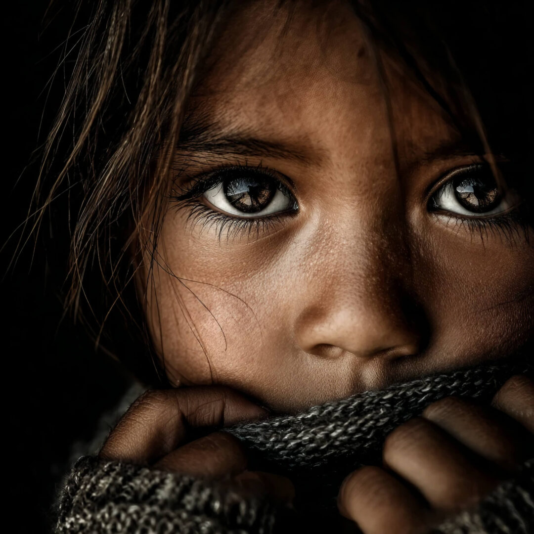 A close-up, atmospheric portrait of a young child with large brown eyes, pulling a gray knitted sweater over their mouth and looking directly at the camera with a vulnerable expression.