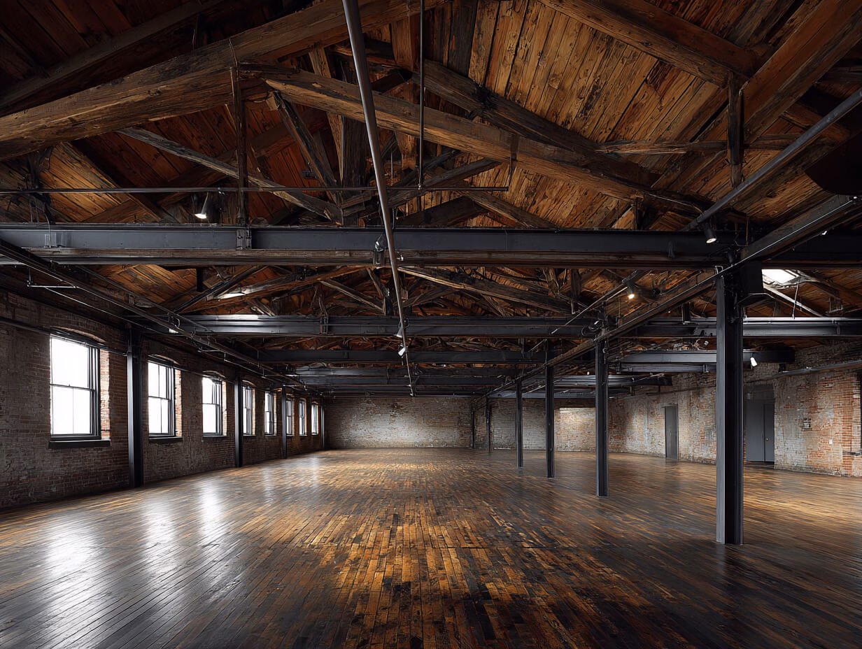 AExpo A wide shot of a large, empty industrial loft space with polished hardwood floors, exposed brick walls, and a high ceiling with wooden beams and trusses.