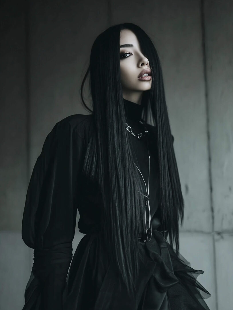 A woman with long, straight black hair, wearing a high-necked black outfit and a silver necklace, posing in a high-fashion style against a plain gray wall.
