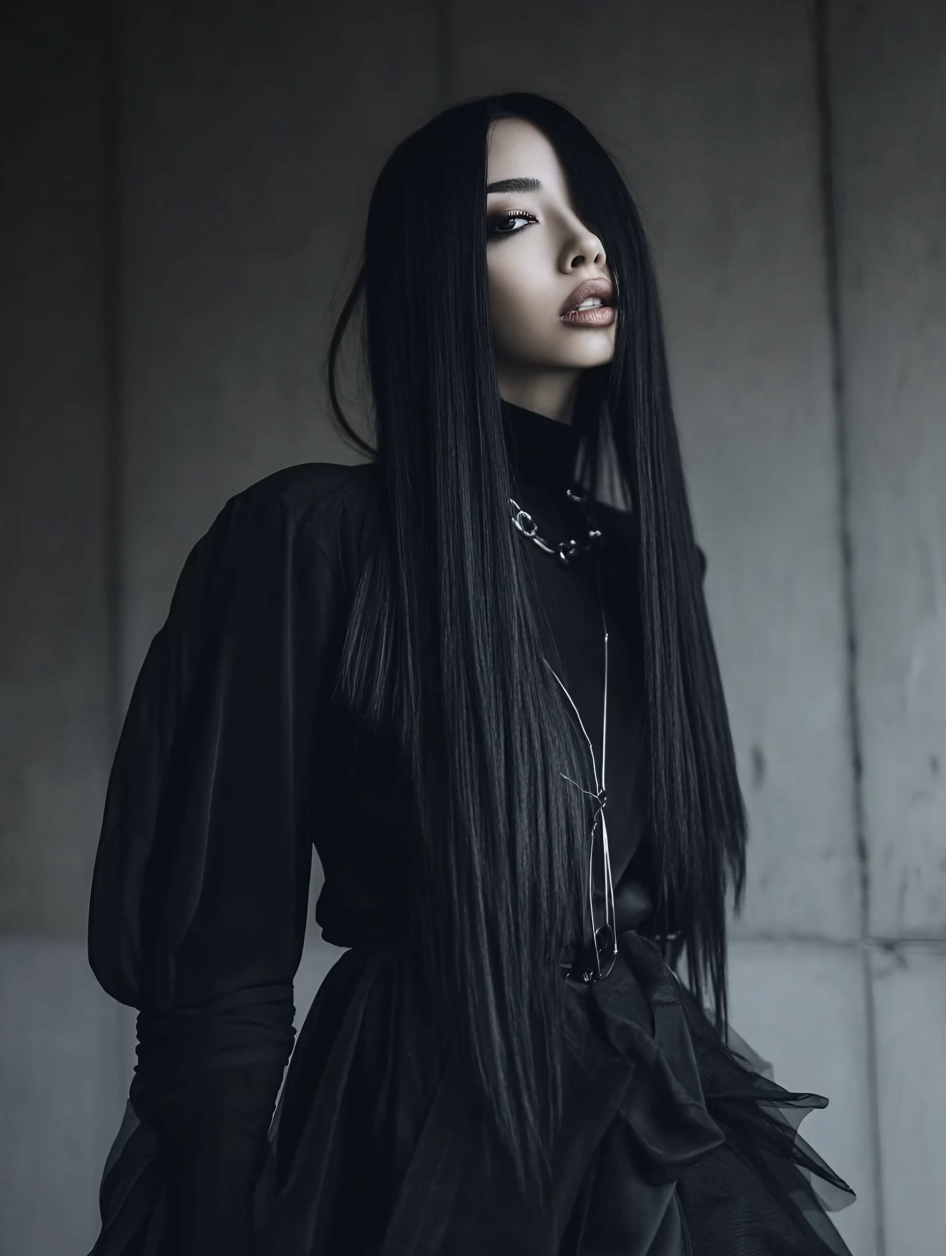 AExpo A woman with long, straight black hair, wearing a high-necked black outfit and a silver necklace, posing in a high-fashion style against a plain gray wall.