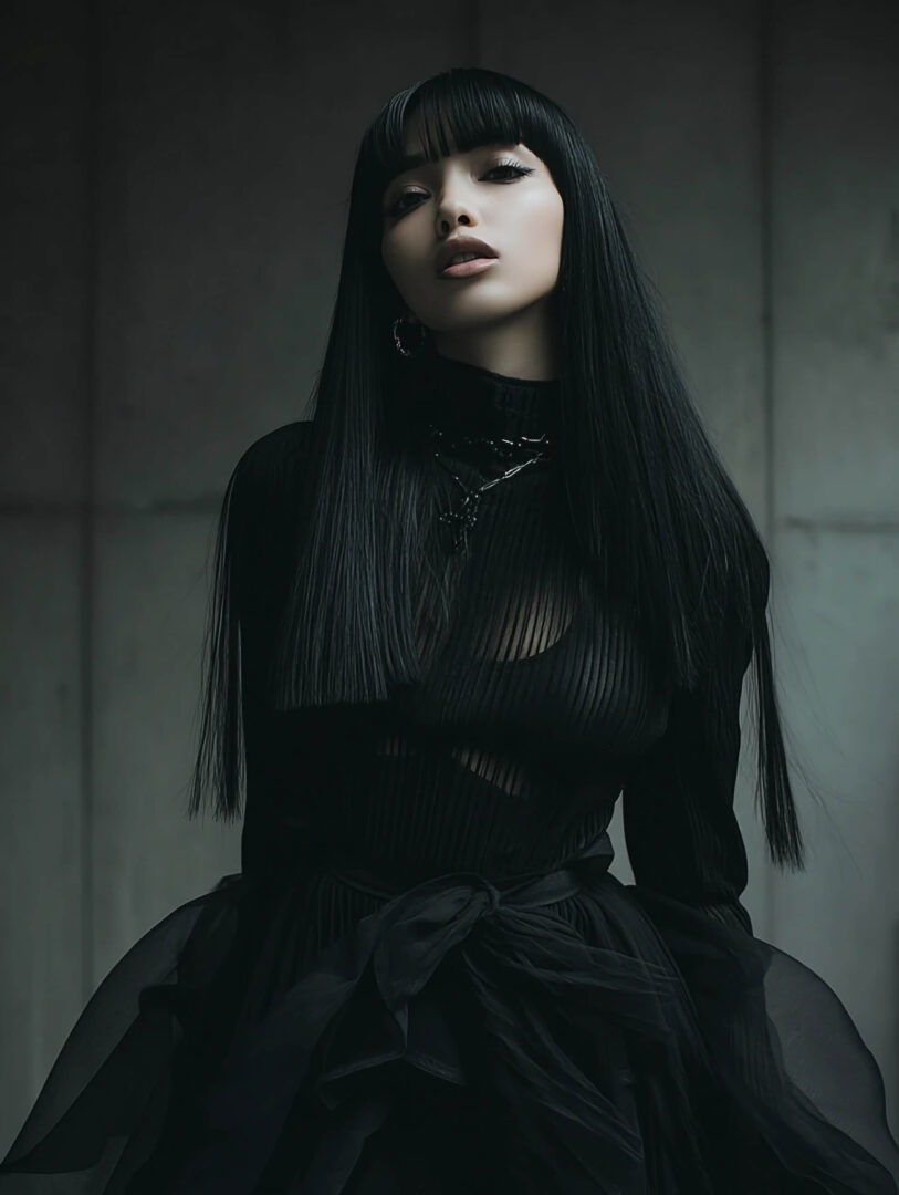 A woman with long black hair and bangs, wearing a form-fitting black top and a voluminous black skirt, posing in a high-fashion style against a plain gray wall.