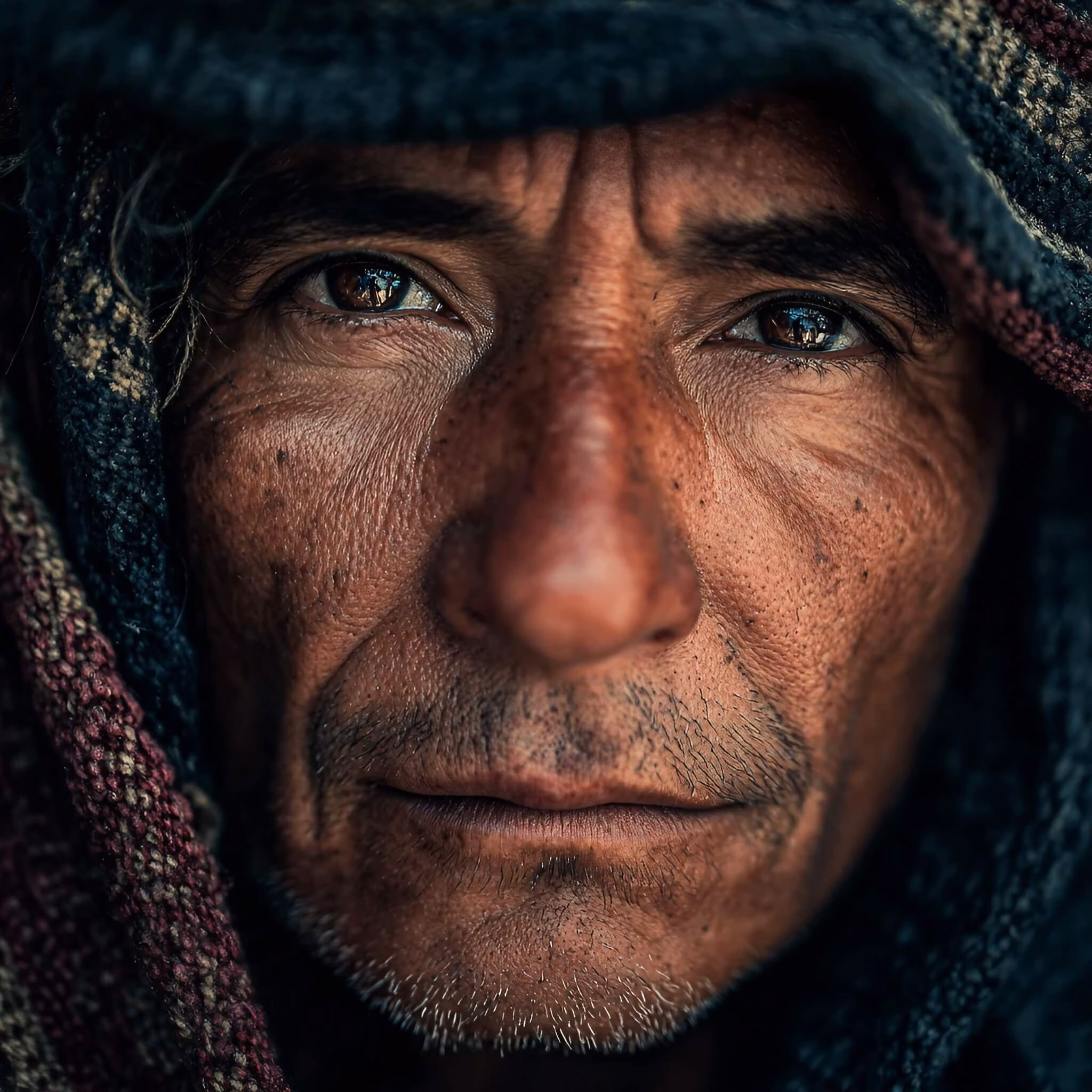 AExpo A close-up, detailed portrait of an older man with weathered skin and a direct, serious gaze, his head covered by a thick, woven, multi-colored hood.