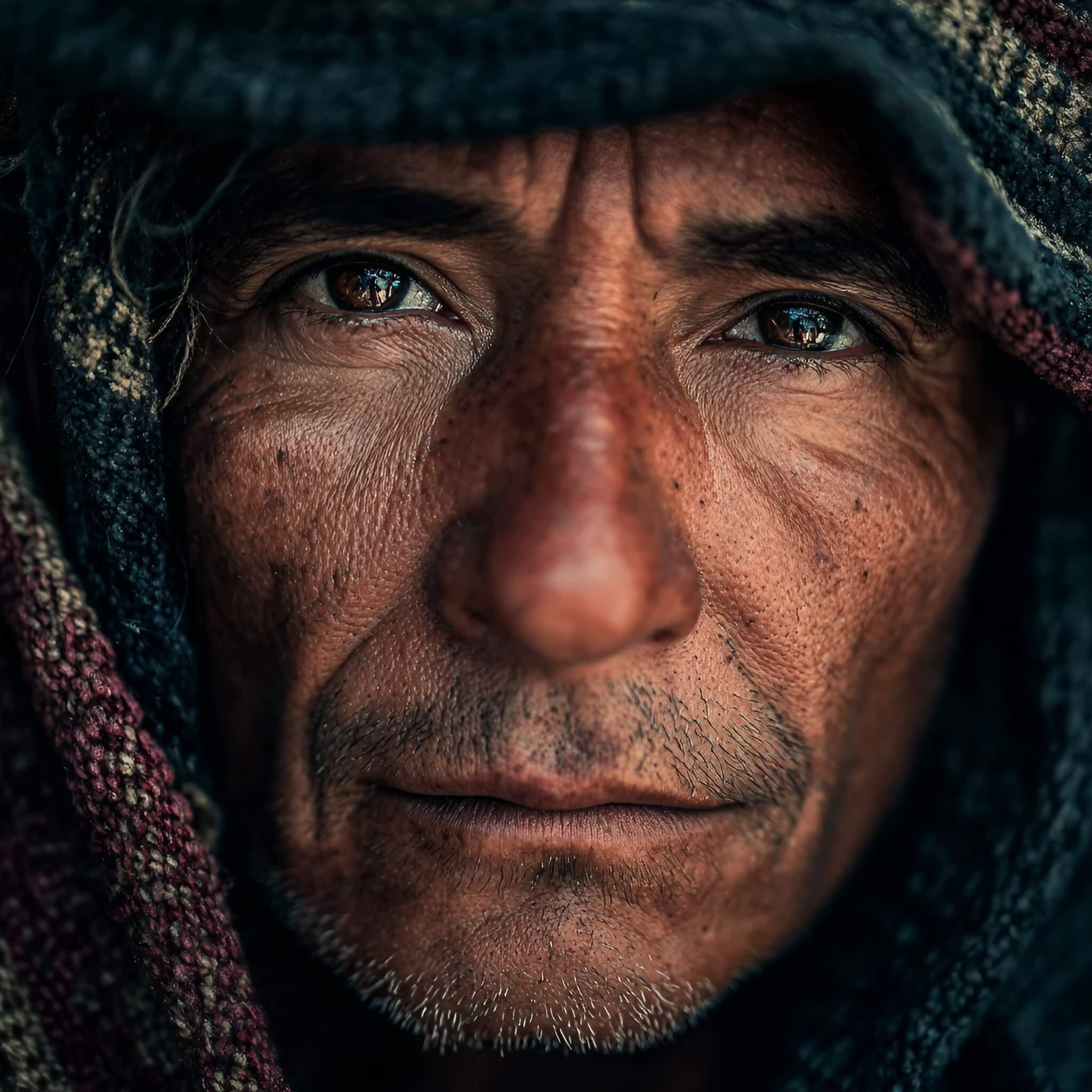 A close-up, detailed portrait of an older man with weathered skin and a direct, serious gaze, his head covered by a thick, woven, multi-colored hood.