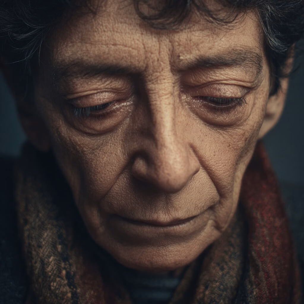 AExpo A close-up, atmospheric portrait of an elderly person with a somber expression, looking down. They are wearing a multi-colored scarf.