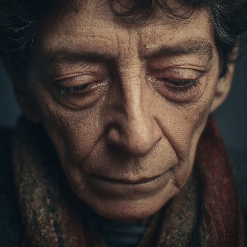 A close-up, atmospheric portrait of an elderly person with a somber expression, looking down. They are wearing a multi-colored scarf.