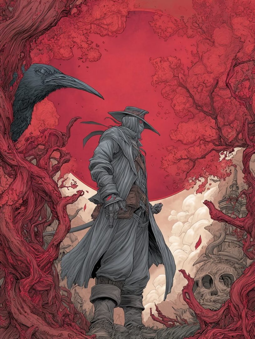 A detailed, gothic-style illustration of a mysterious figure in a long coat and wide-brimmed hat, standing in a surreal forest with gnarled red trees under a large red sun. A large black bird perches on a branch nearby.