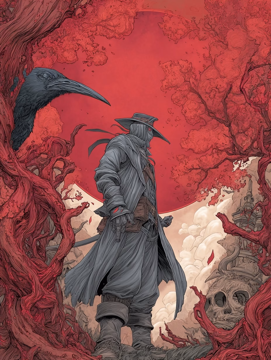 AExpo A detailed, gothic-style illustration of a mysterious figure in a long coat and wide-brimmed hat, standing in a surreal forest with gnarled red trees under a large red sun. A large black bird perches on a branch nearby.