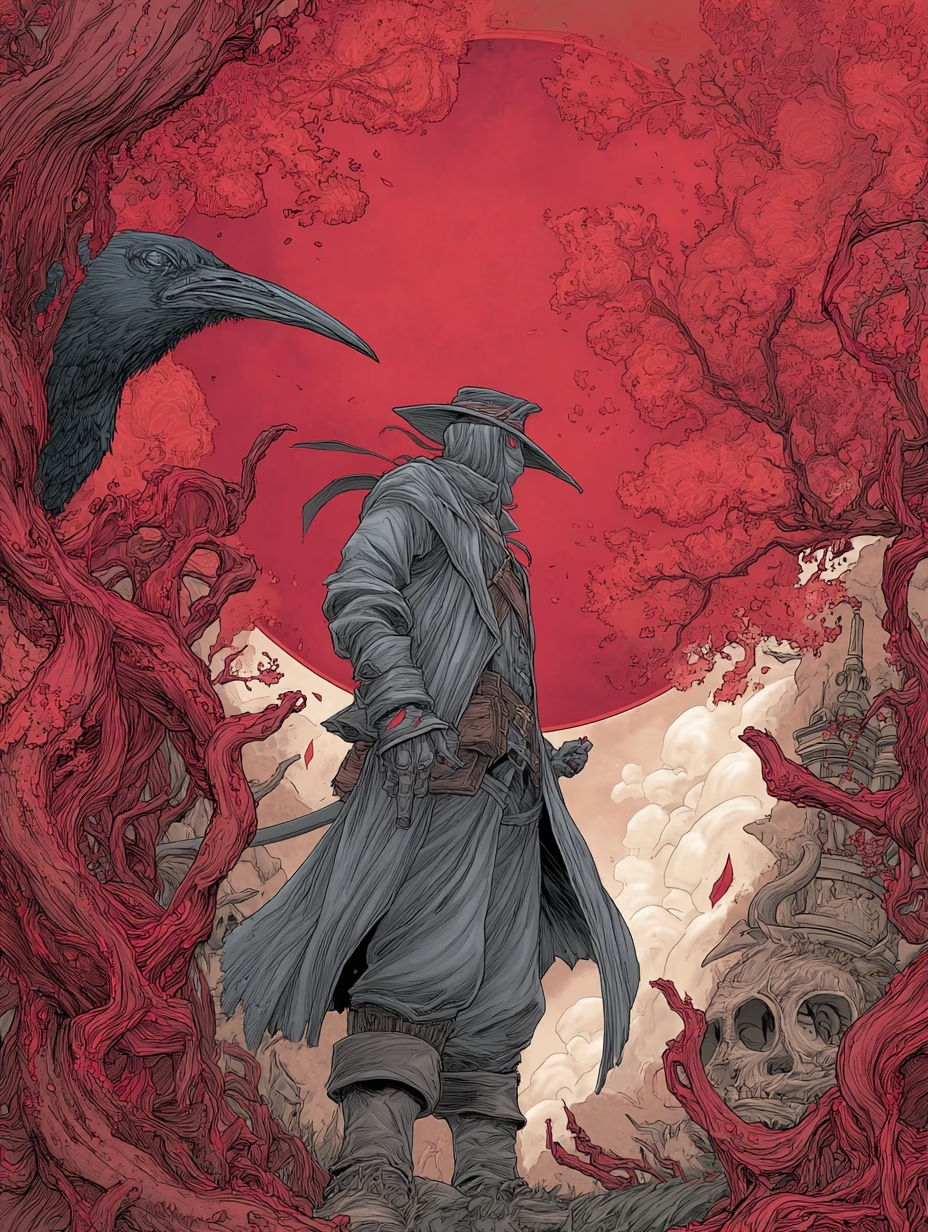 A detailed, gothic-style illustration of a mysterious figure in a long coat and wide-brimmed hat, standing in a surreal forest with gnarled red trees under a large red sun. A large black bird perches on a branch nearby.