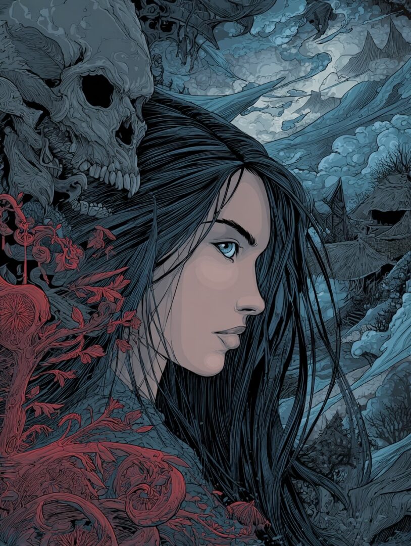 A detailed, gothic-style illustration of a woman in profile with long black hair and blue eyes. A large skull looms behind her, set against a dark, atmospheric landscape with red foliage in the foreground.