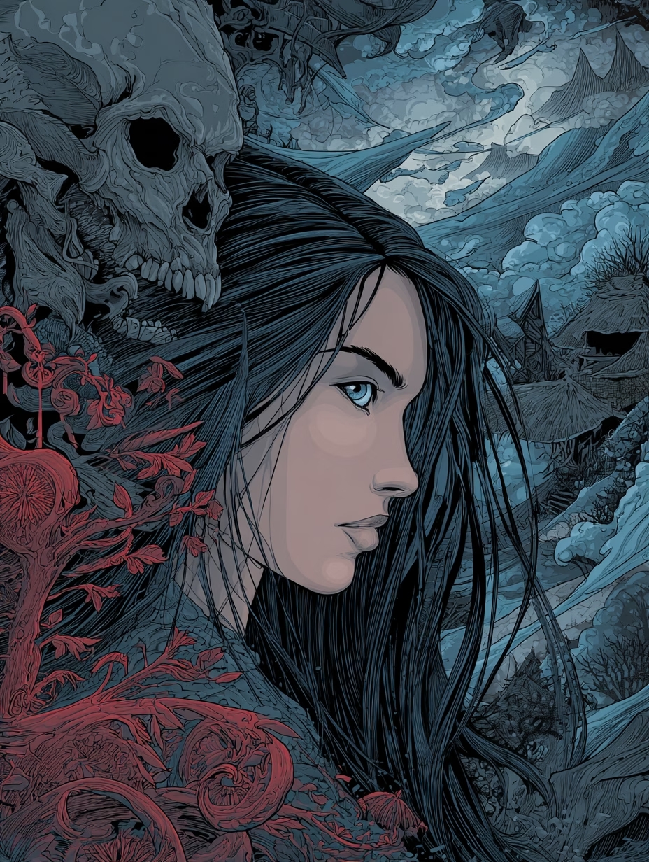 A detailed, gothic-style illustration of a woman in profile with long black hair and blue eyes. A large skull looms behind her, set against a dark, atmospheric landscape with red foliage in the foreground.