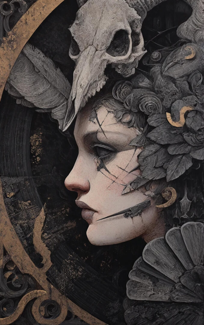 A stylized, illustrative portrait of a woman in profile, wearing an elaborate dark headdress adorned with an animal skull and gold accents.
