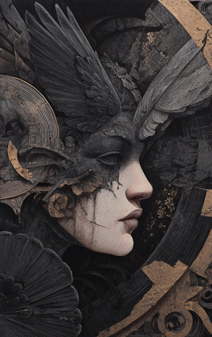 A stylized, illustrative portrait of a woman in profile, wearing an elaborate dark headdress adorned with wings and gold accents.