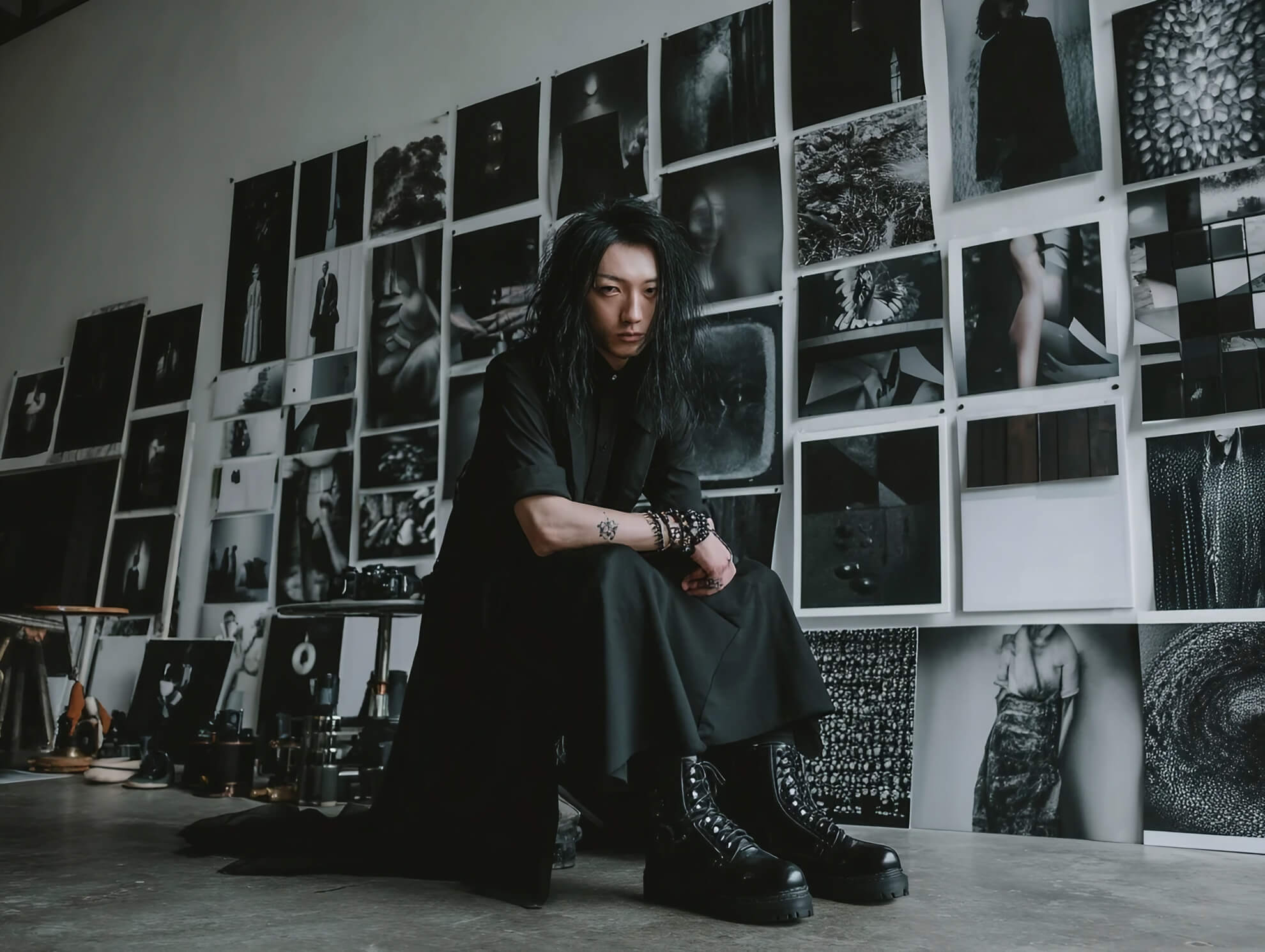 A person with long dark hair, dressed in an all-black outfit and combat boots, sits in a studio in front of a large wall covered with black and white photographs.