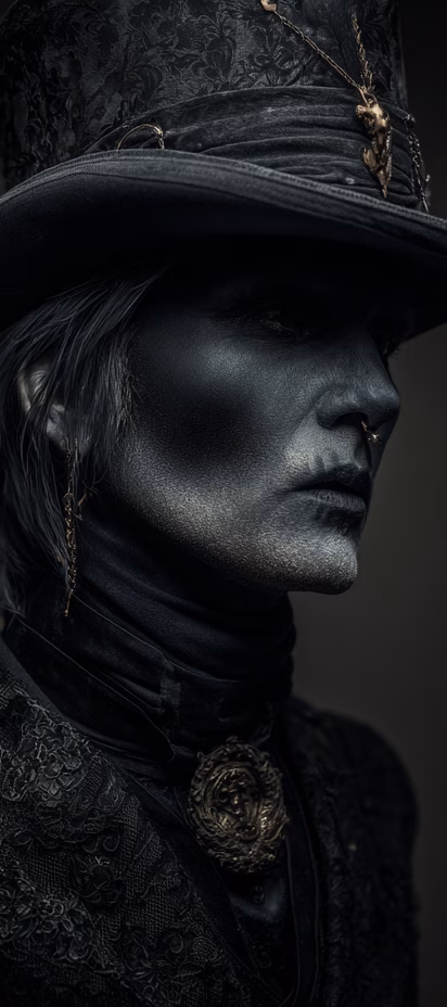 AExpo A stylized, atmospheric portrait of a person in profile, their face painted black, wearing a dark top hat and a high-collared gothic outfit with gold accents.