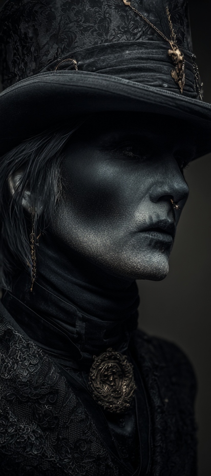 A stylized, atmospheric portrait of a person in profile, their face painted black, wearing a dark top hat and a high-collared gothic outfit with gold accents.