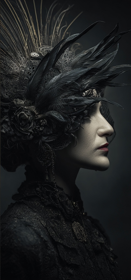 A stylized, atmospheric portrait of a woman in profile, wearing an elaborate headdress made of dark feathers and a high-collared black lace outfit.