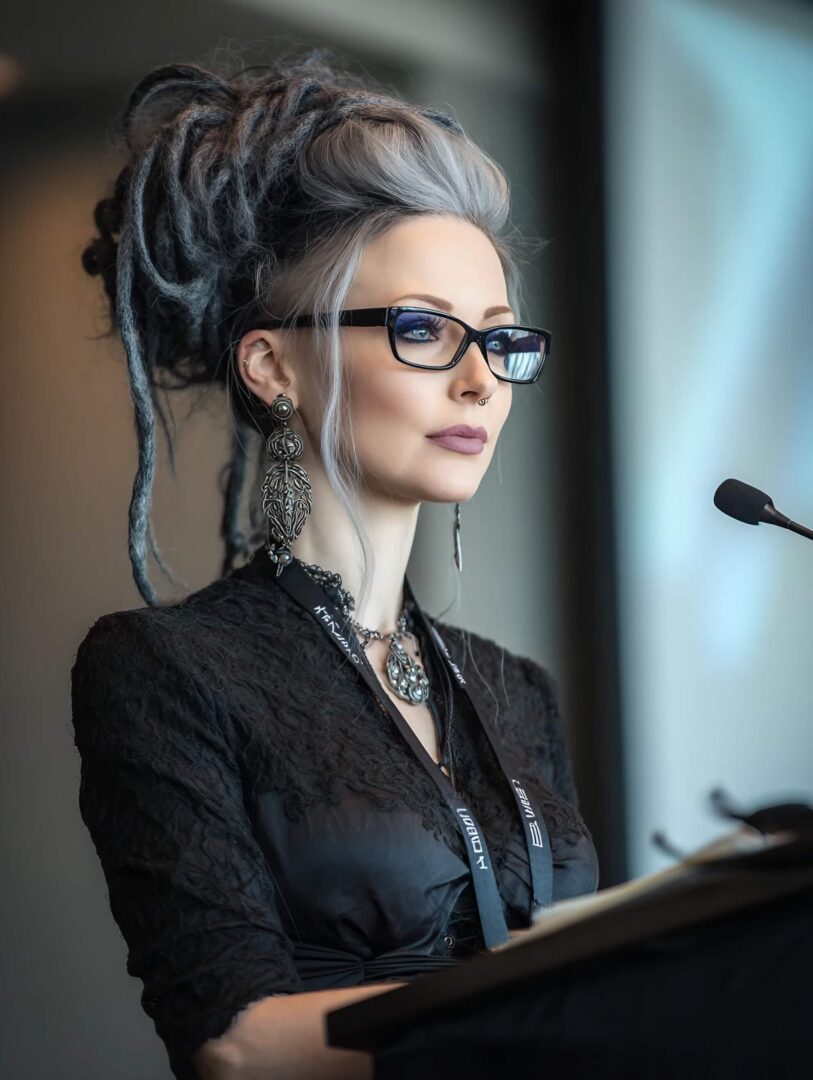 A woman with silver dreadlocks and an alternative style, wearing glasses and ornate earrings, stands at a podium speaking into a microphone at a conference.