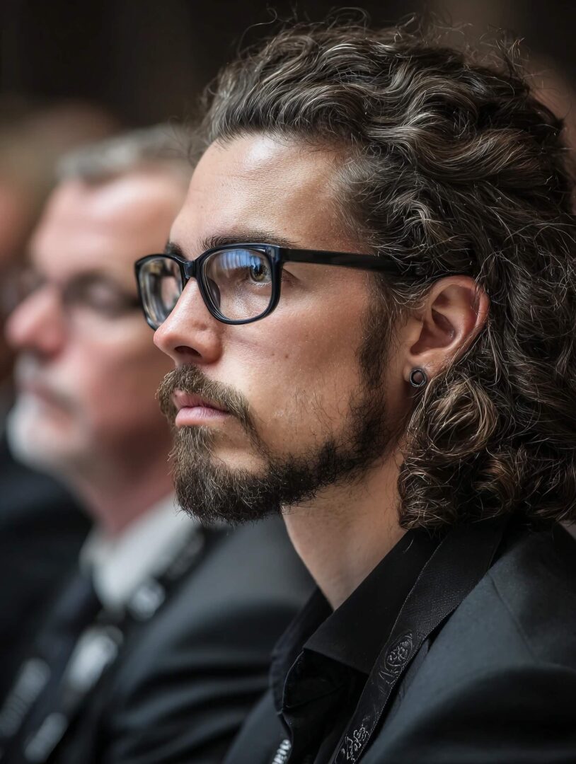 A close-up, profile portrait of a young man with long wavy hair, a beard, and glasses, sitting in an audience and listening intently.