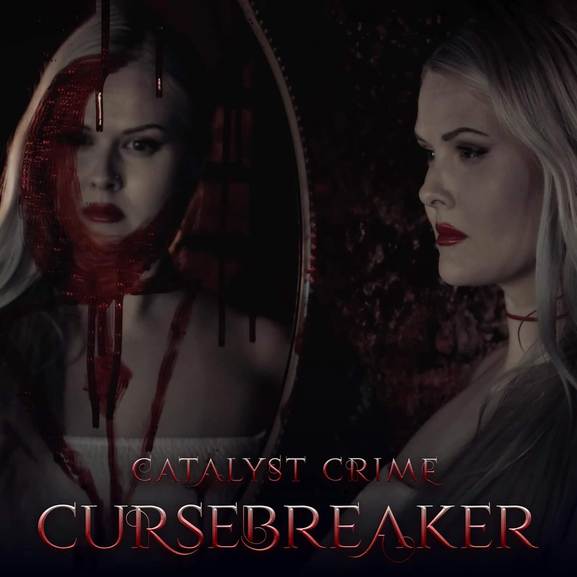 Single art for ‘Cursebreaker.’ A blonde woman in profile and her reflection in a dark, blood-streaked mirror.