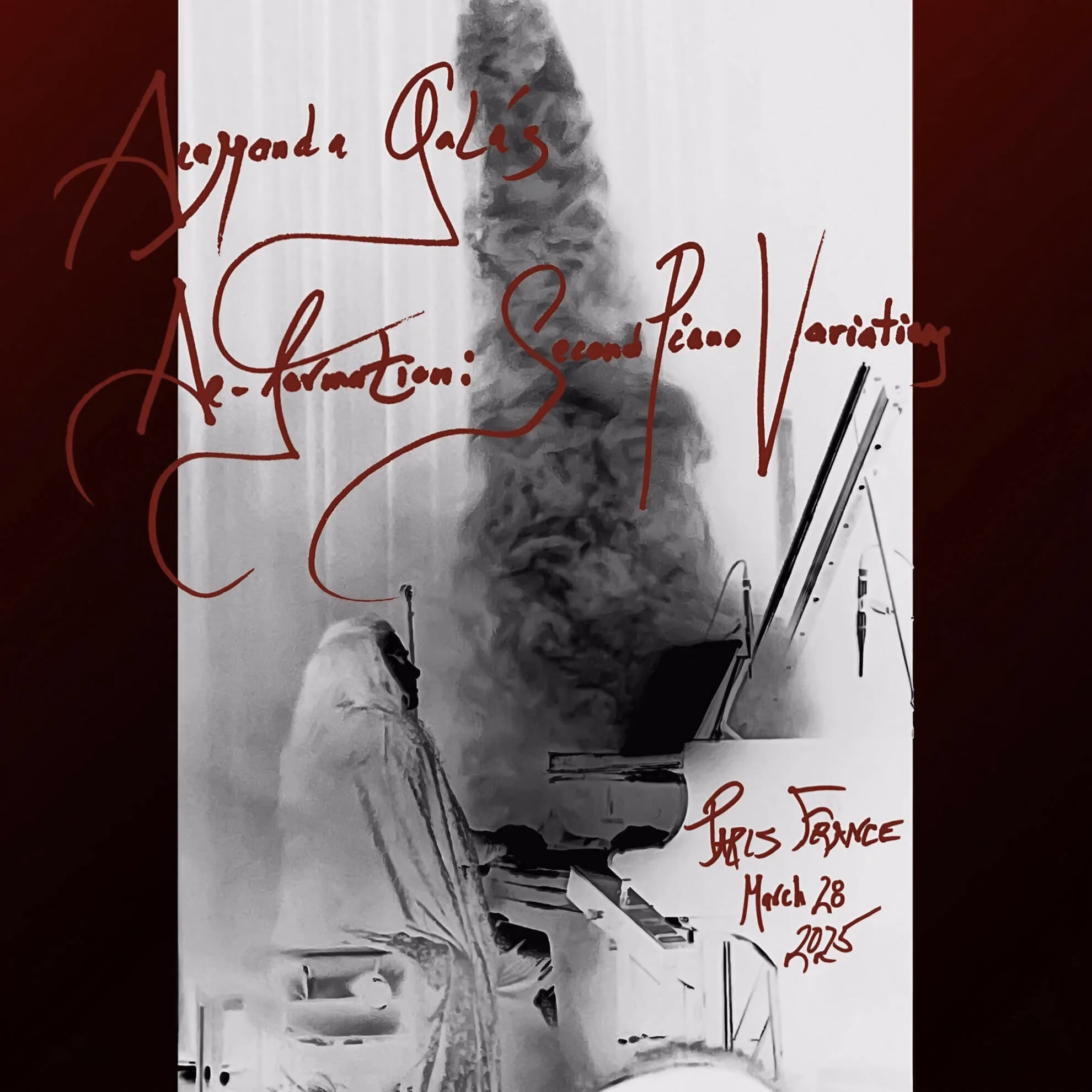 Cover for &lsquo;De-formation.&rsquo; High-contrast negative image of Diamanda Gal&aacute;s at a piano as a smoky plume rises. Overlaid with red script.