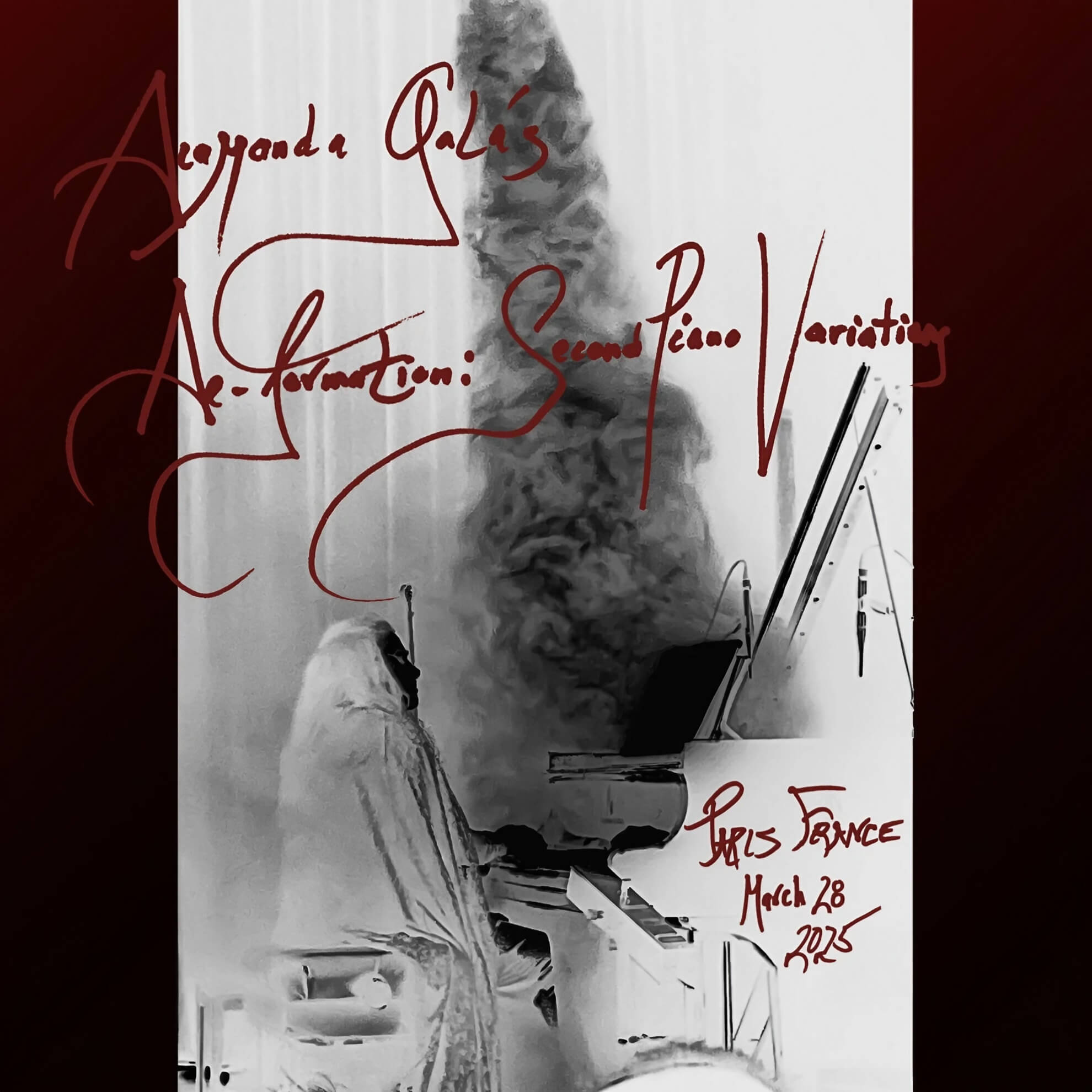 Cover for ‘De-formation.’ High-contrast negative image of Diamanda Galás at a piano as a smoky plume rises. Overlaid with red script.