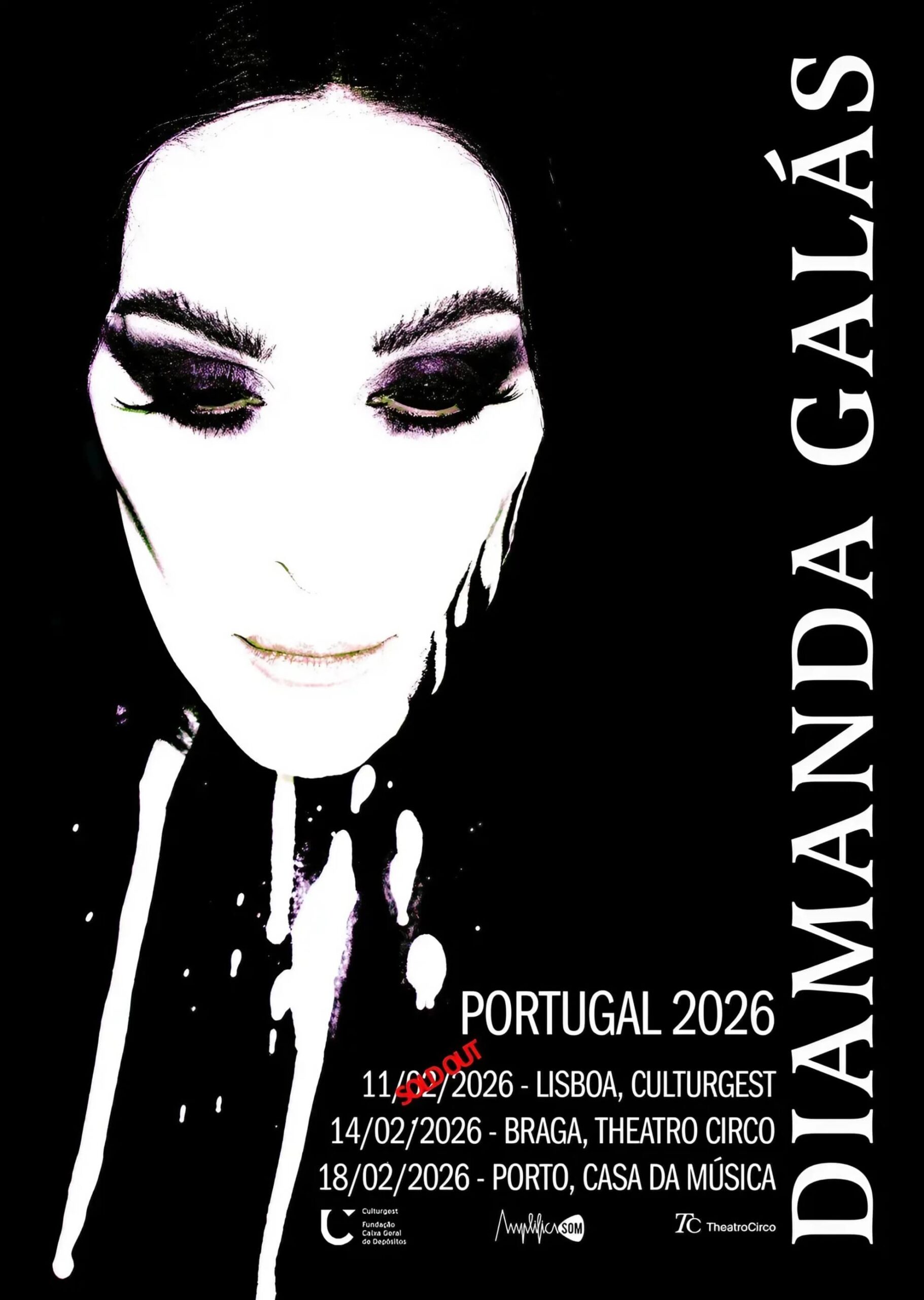 Poster for Diamanda Galás in Portugal 2026. High-contrast photo of her face with event dates for Lisbon, Braga, and Porto.