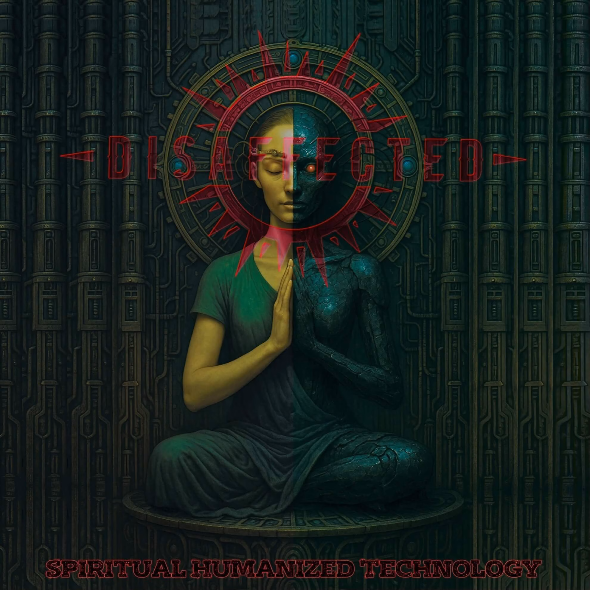 Album cover for Disaffected. Features a figure in a meditative pose, split between human skin and mechanical plating, with a red logo overlay.