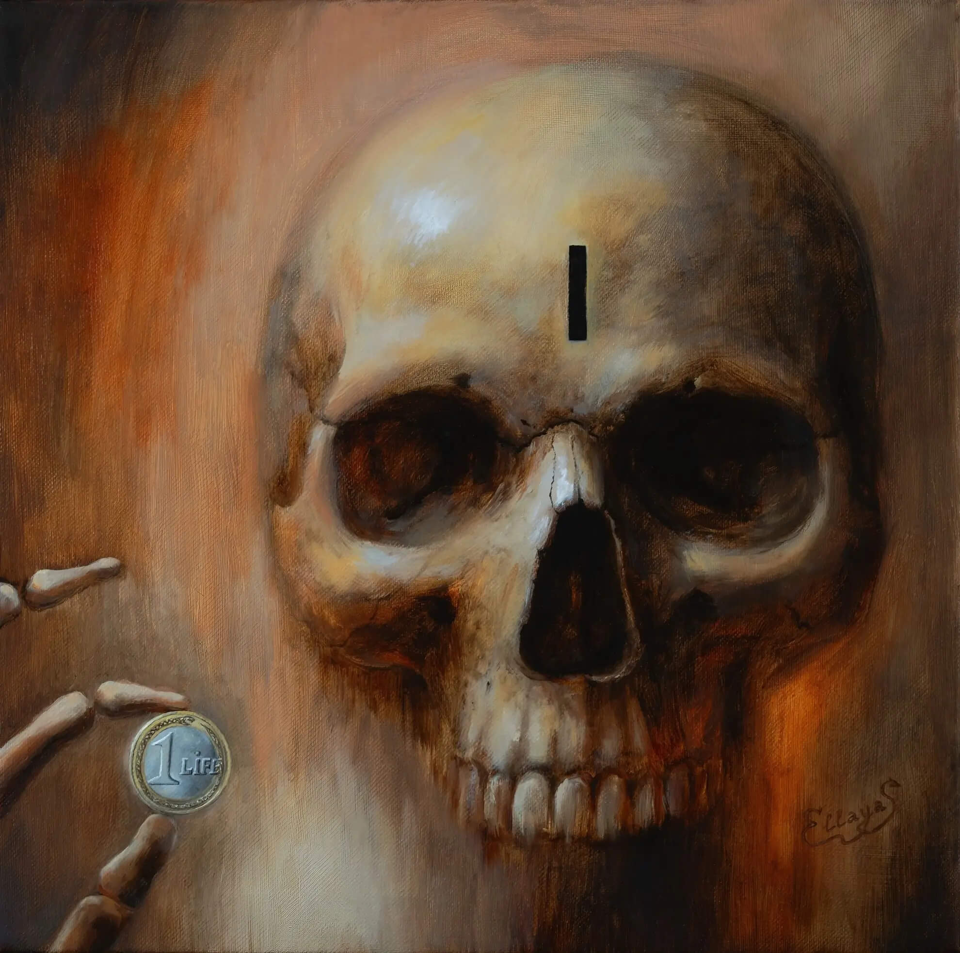 Painting of a human skull with a black vertical mark on the forehead, a skeletal hand holding a coin marked “1 Life” on the left side.