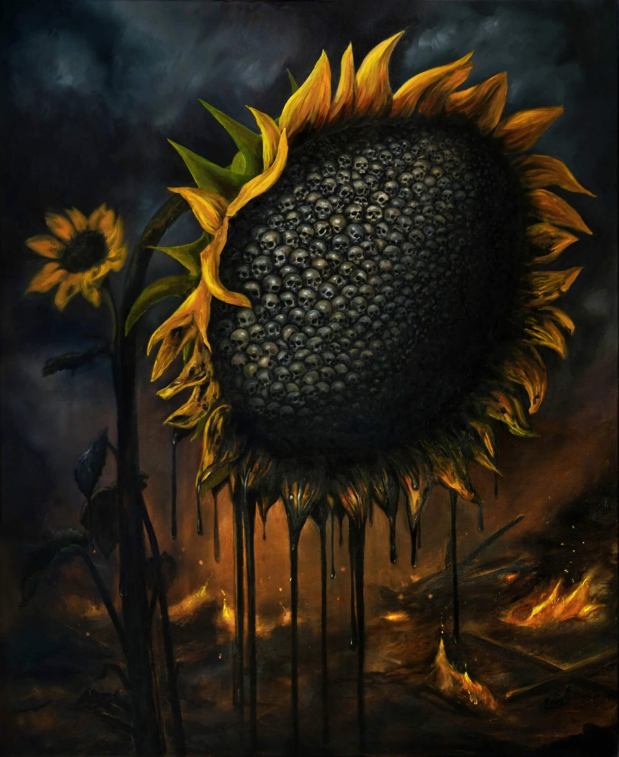 A painting of a large, vibrant sunflower with a center composed of tightly packed human skulls. Dark, viscous liquid drips from the flower’s petals like oil. To the left, a smaller sunflower droops. The background depicts a dark, scorched landscape with fires burning on the horizon.