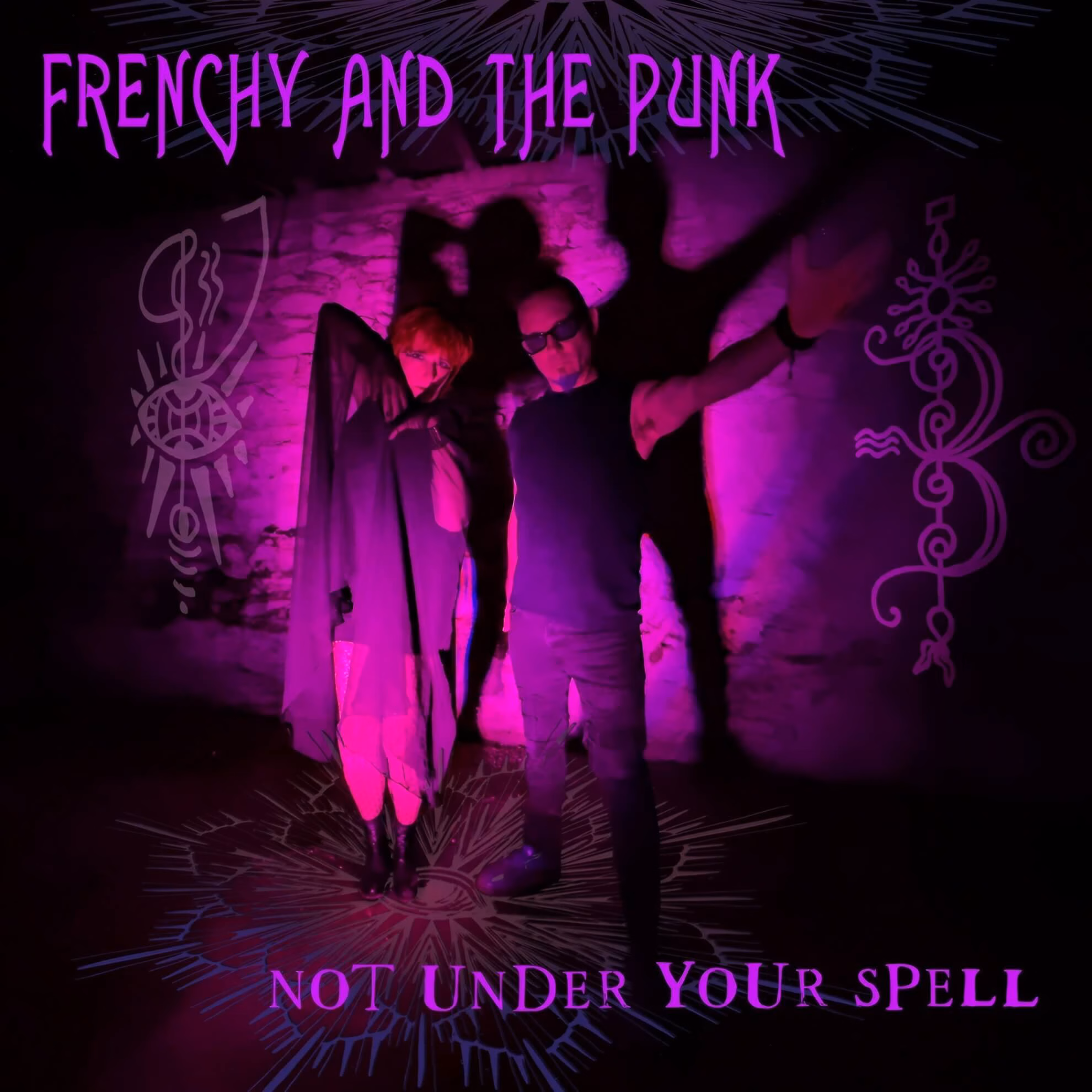 The duo stands in a dark room bathed in purple light, flanked by their shadows and glowing, mystical symbols on the walls.