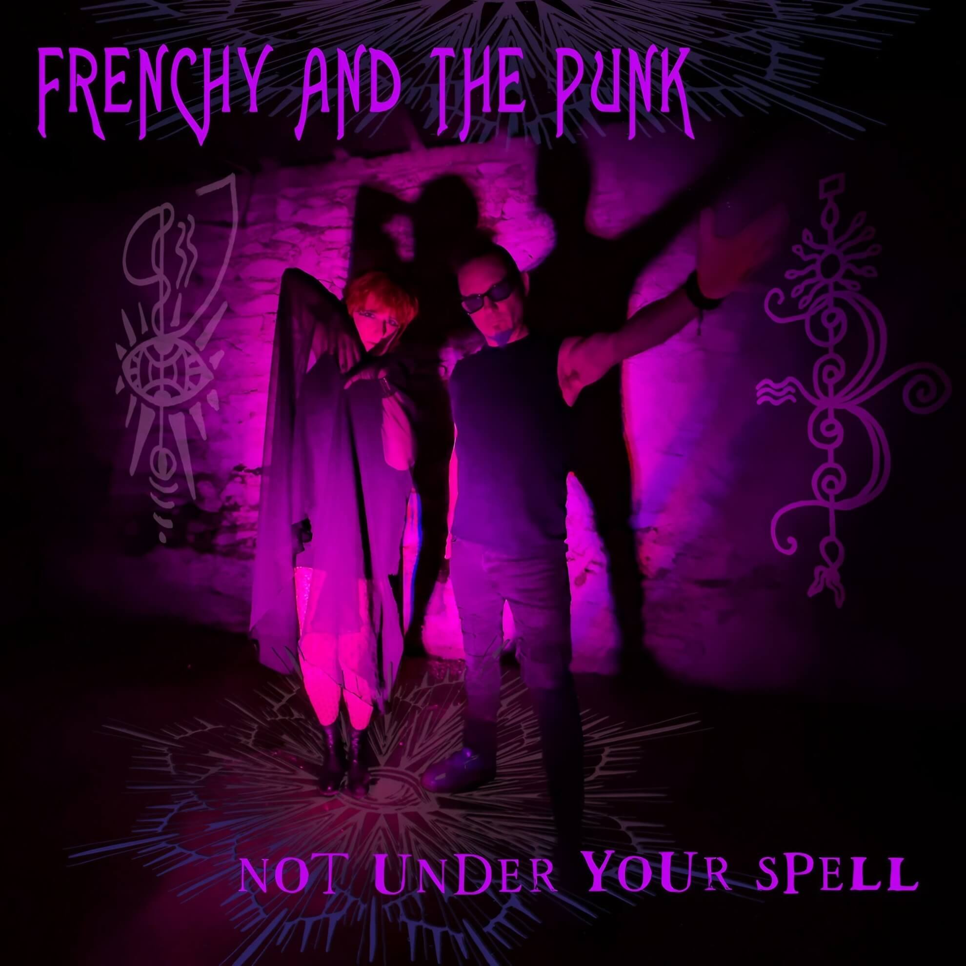 The duo stands in a dark room bathed in purple light, flanked by their shadows and glowing, mystical symbols on the walls.