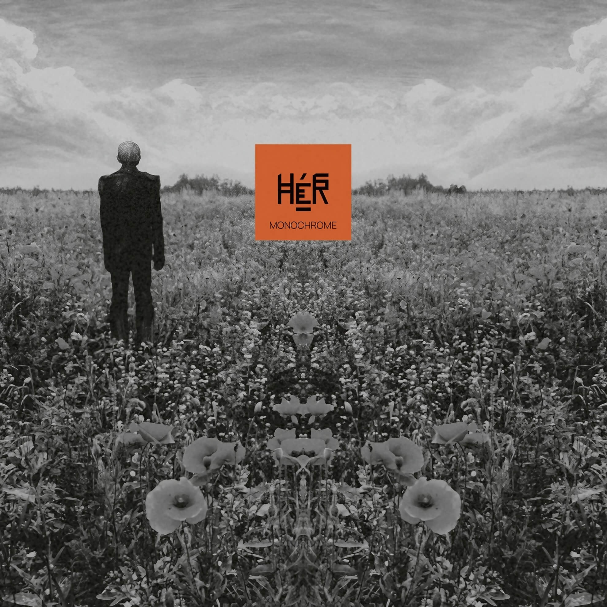 Album cover for ‘Monochrome.’ A figure stands in a black and white field. A central orange box holds the title text.