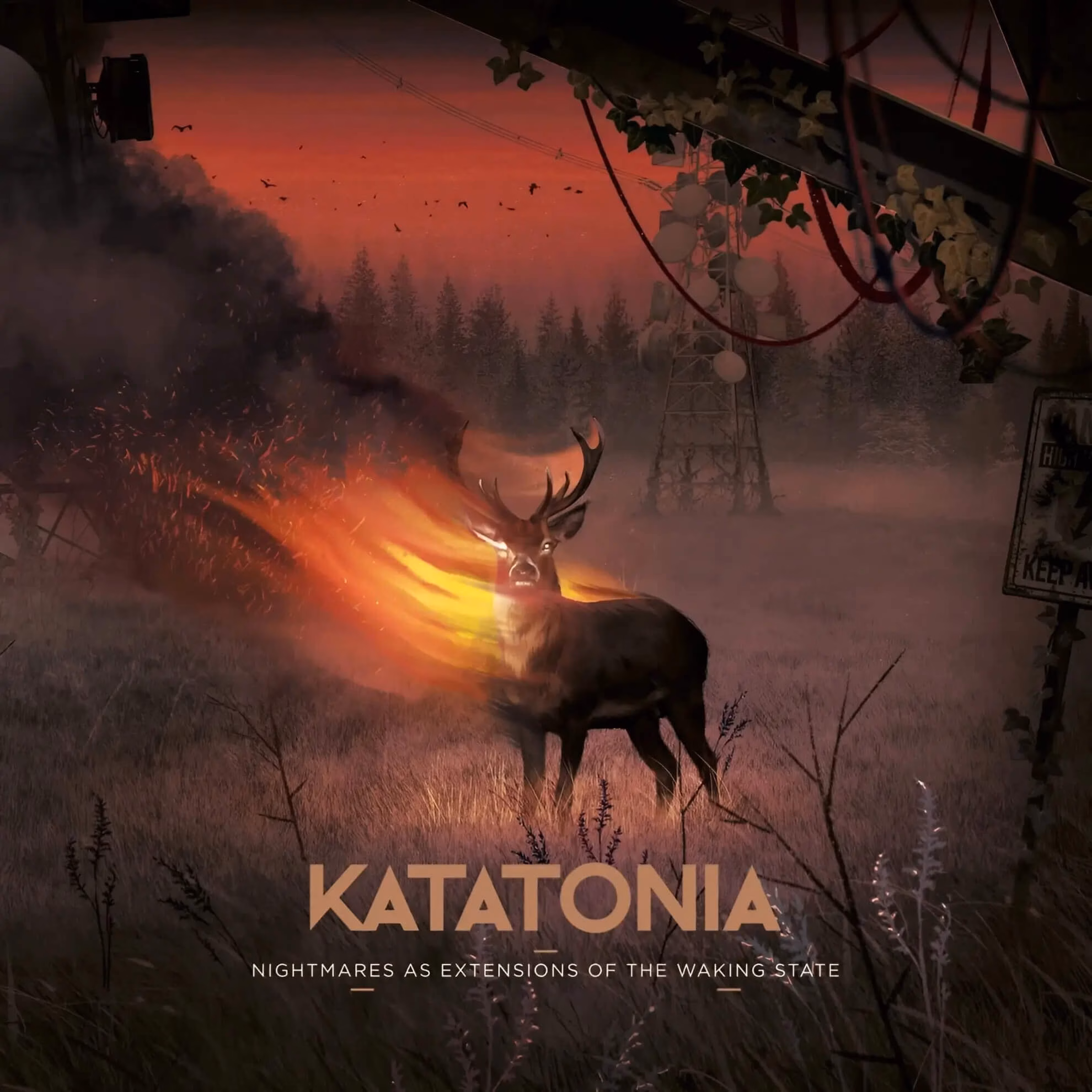 A stag with fire erupting from its chest stands in a foggy field at dusk, with distant trees, smoke, and powerlines in the background.