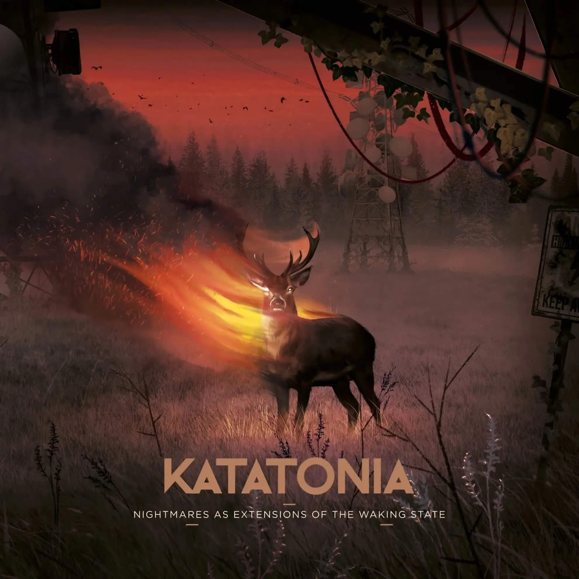A stag with fire erupting from its chest stands in a foggy field at dusk, with distant trees, smoke, and powerlines in the background.