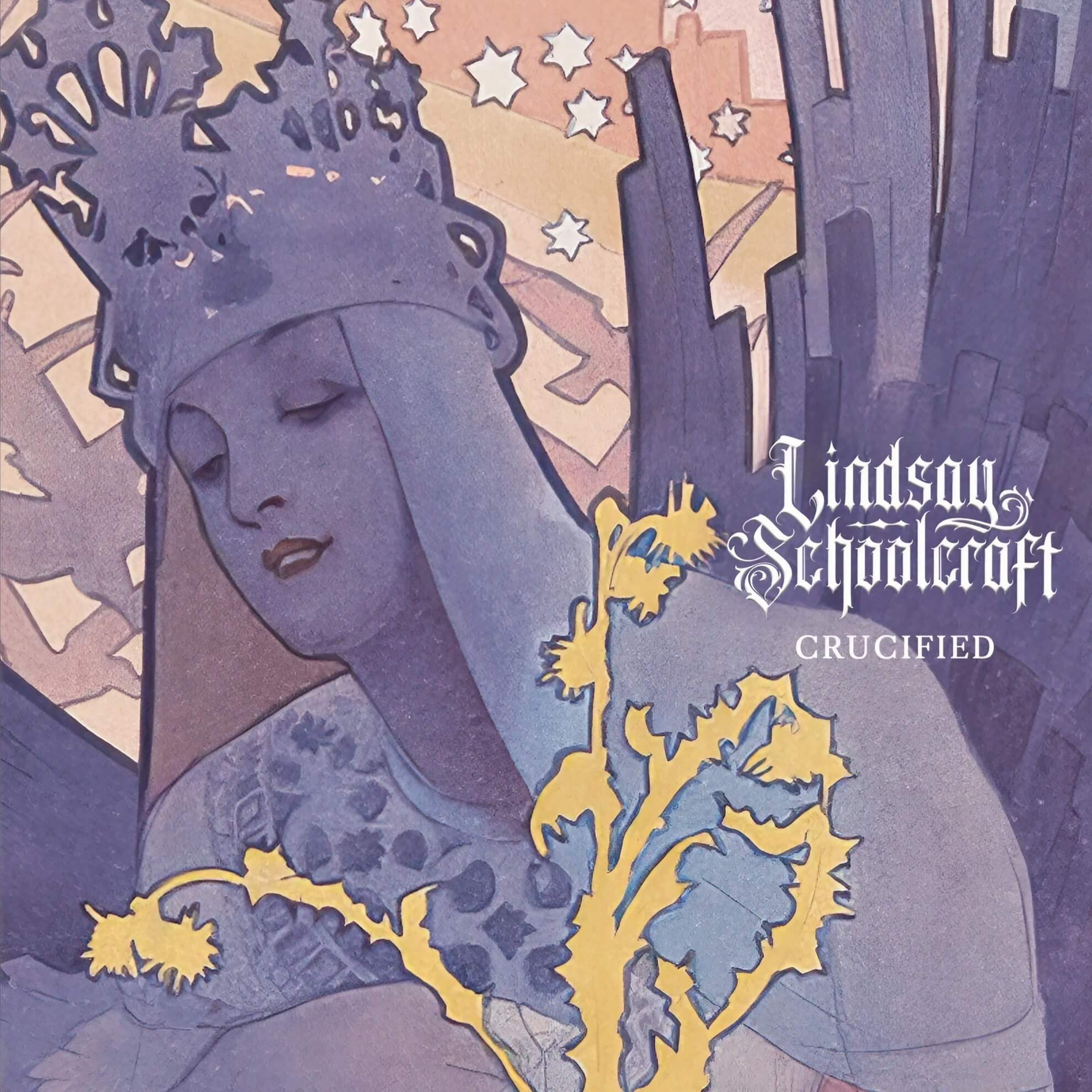 Art Nouveau cover for ‘Crucified.’ A crowned woman in purple and a yellow thorny plant against a starry, orange sky.
