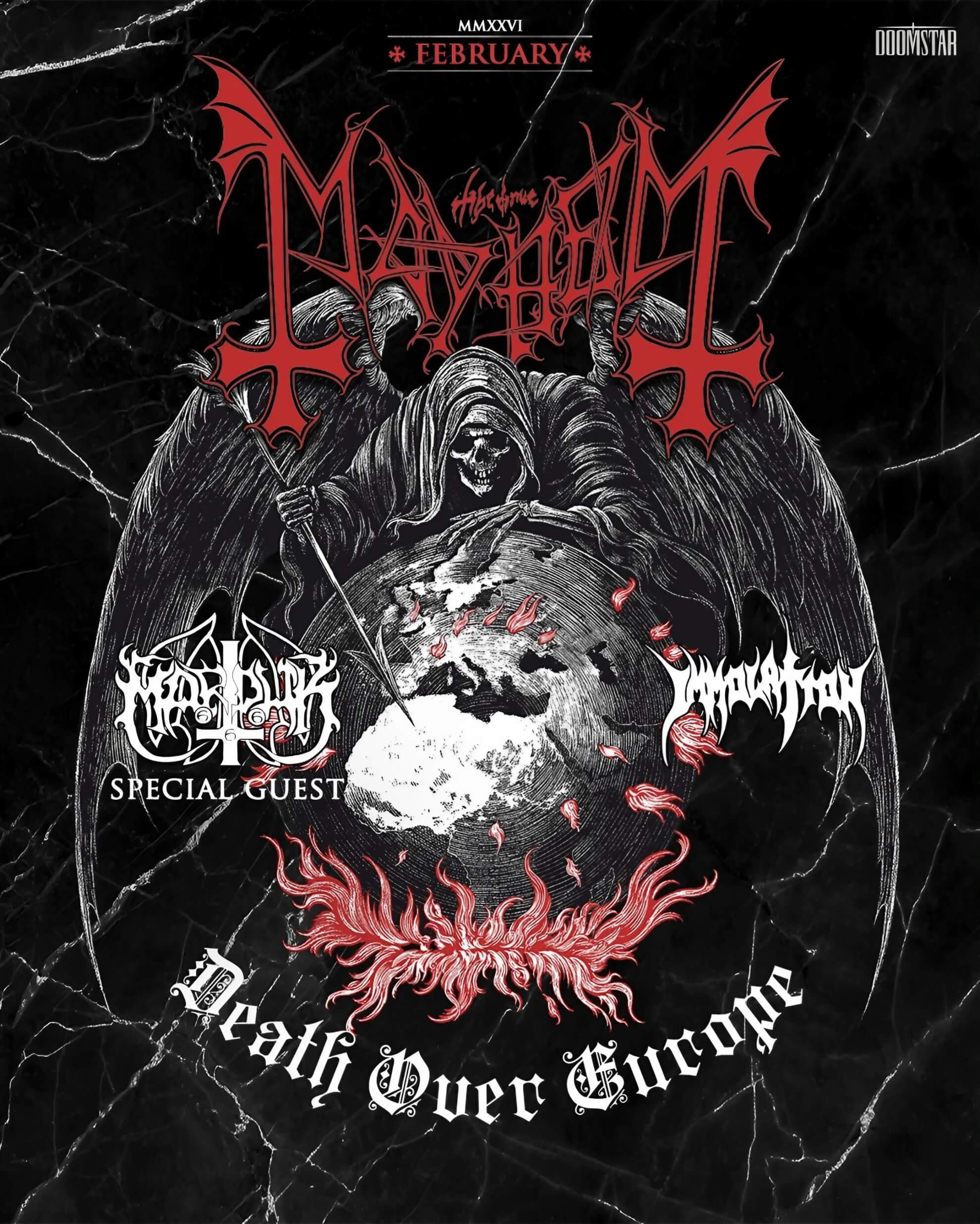 Poster for Mayhem’s Death Over Europe 2026 tour. A grim reaper looms over a map of Europe, listing special guests Marduk and Immolation.