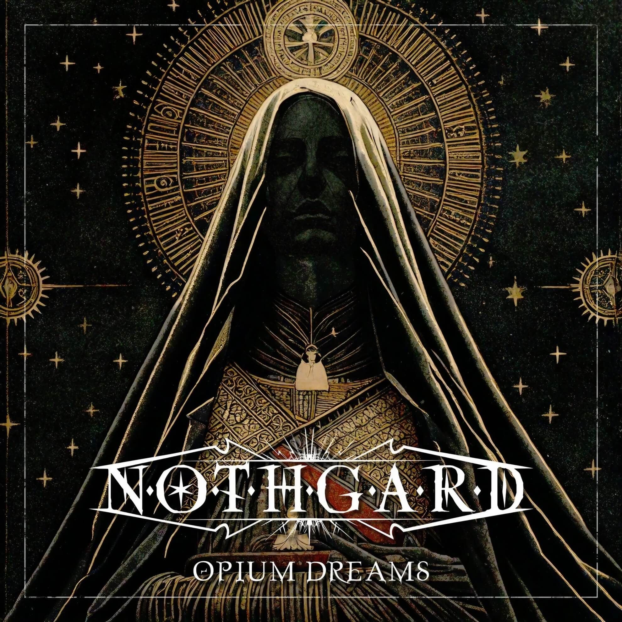 A dark figure in ornate, veiled robes stands before a golden halo and starry background.