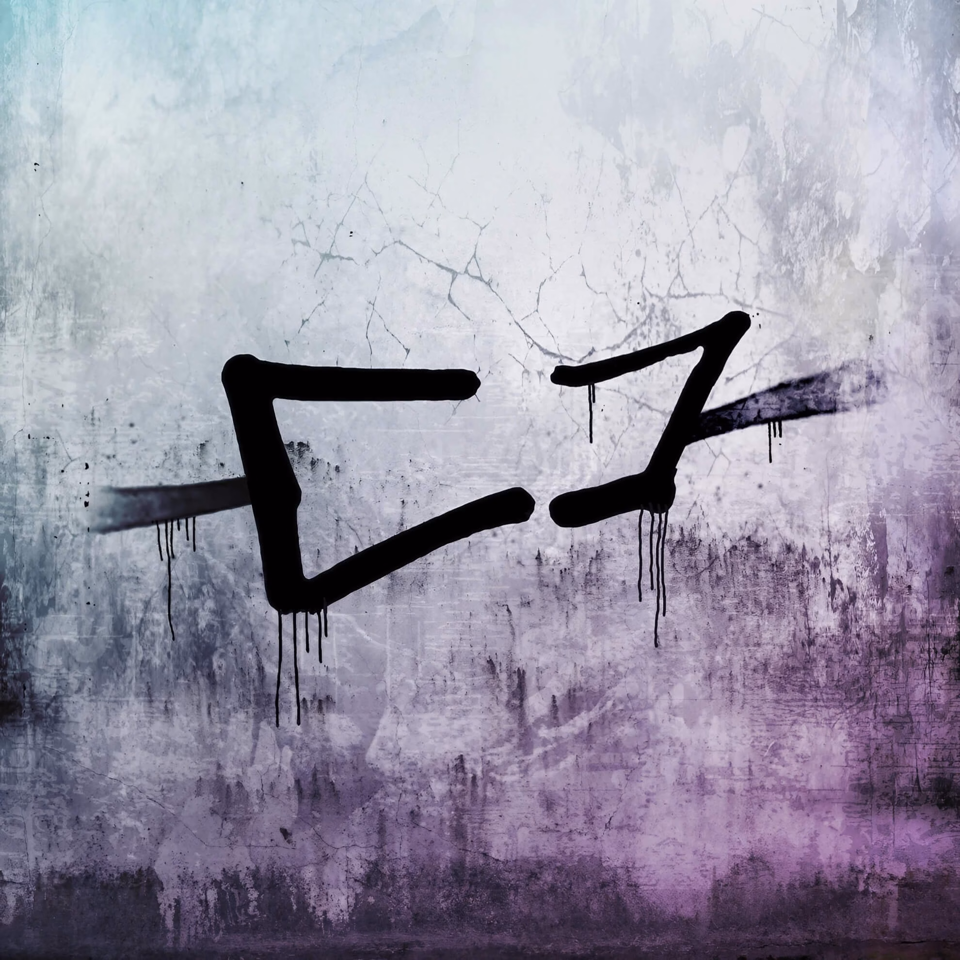 A stylized black symbol, dripping with paint, is centered on a cracked, textured wall fading from white to purple.