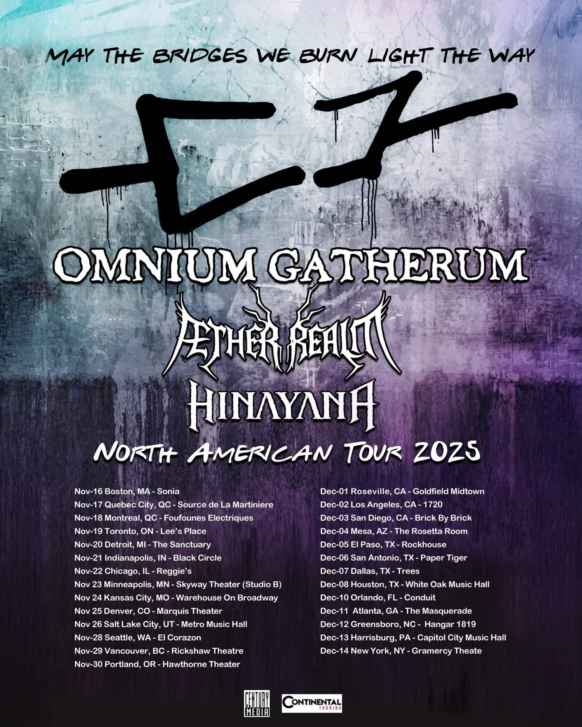 Poster for the Omnium Gatherum 2025 tour. Lists support Aether Realm and Hinayana over a gritty image of a building.