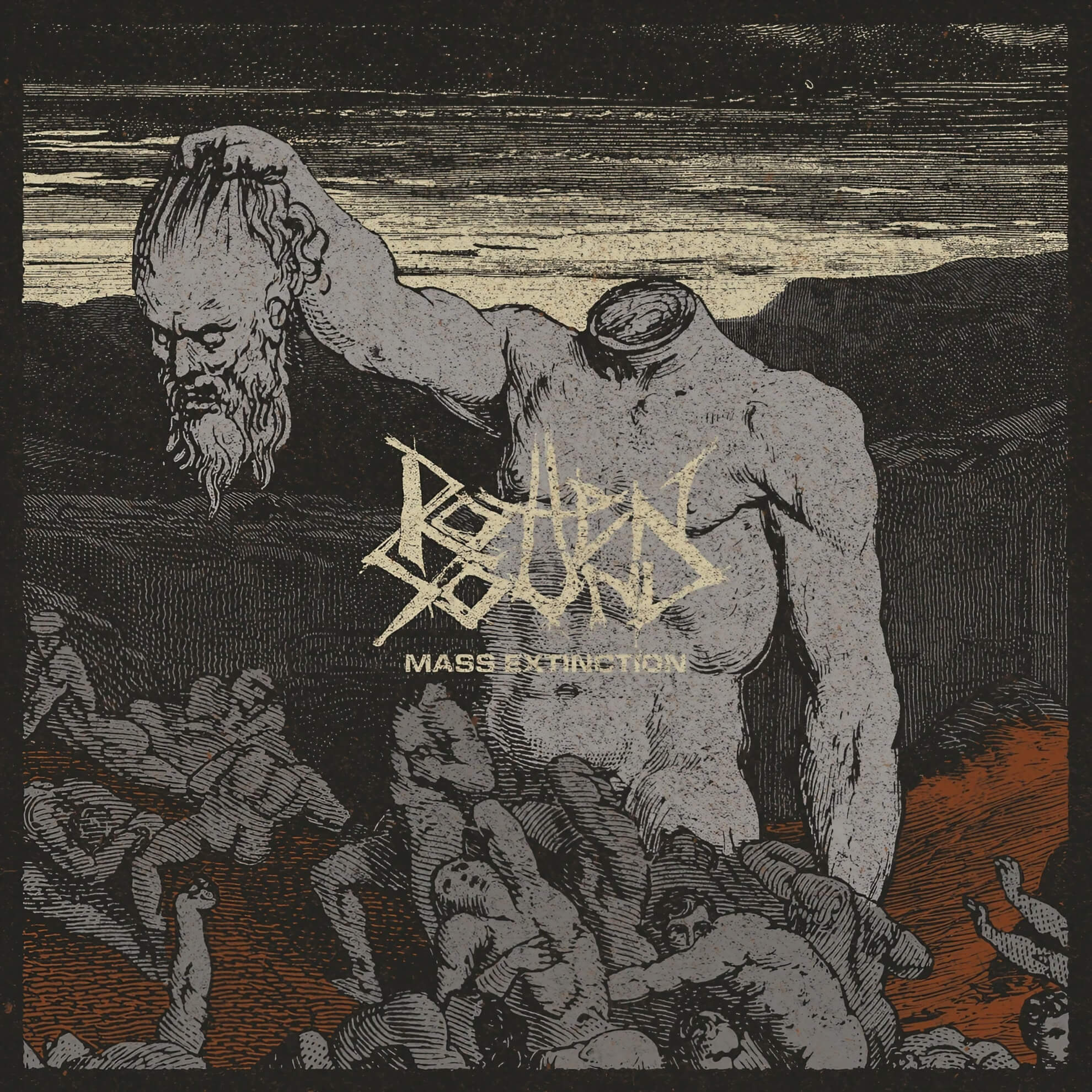 Album art for ‘Mass Extinction’ by Rotten Sound. A headless figure in a bleak landscape holds its own severed head high.