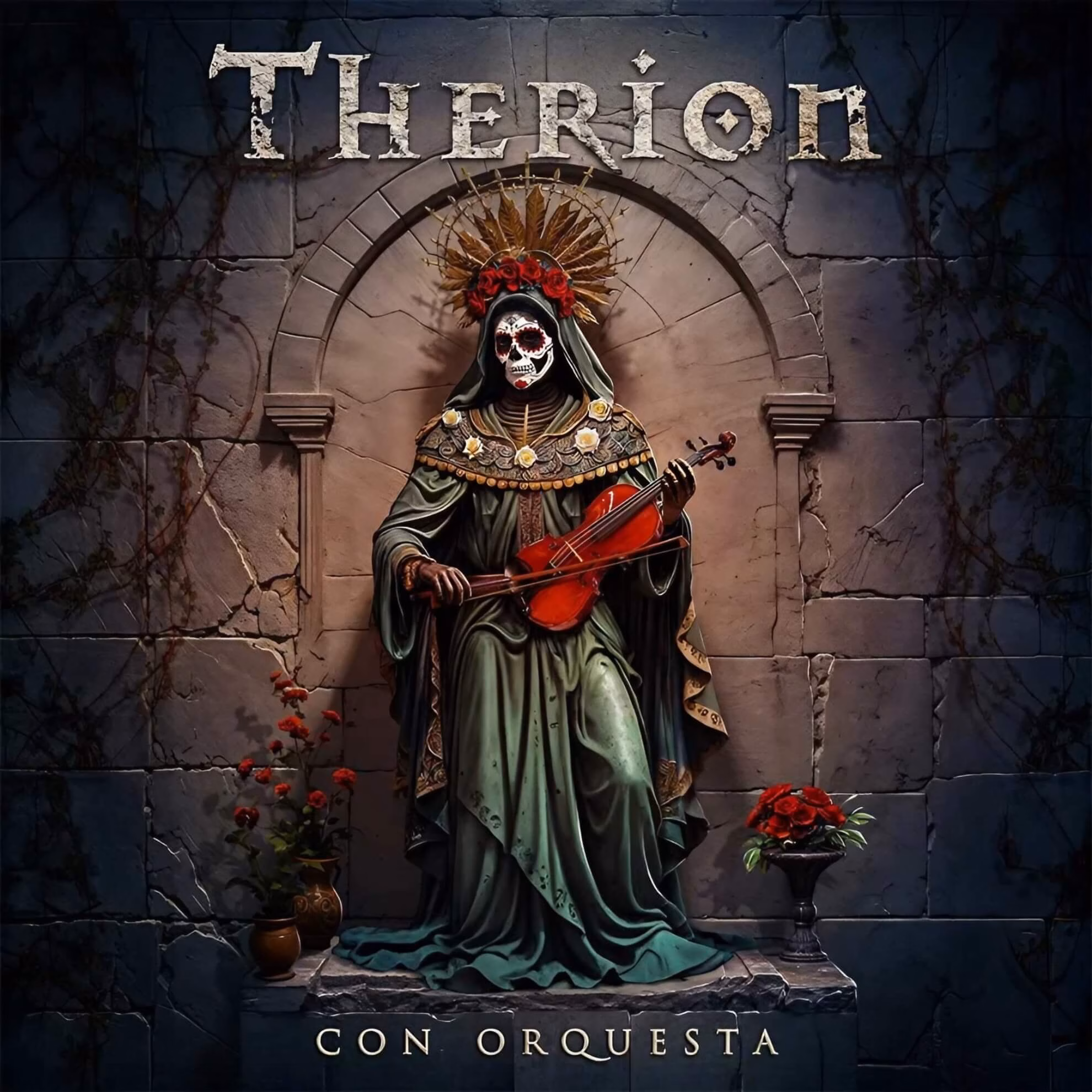 A robed, skeletal figure with a painted face, sitting in a stone alcove, holds a red violin. Red roses are nearby.