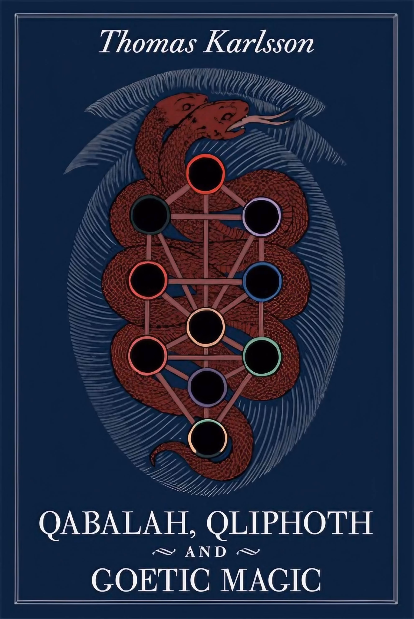 Book cover for &lsquo;Qabalah, Qliphoth and Goetic Magic.&rsquo; A two-headed red serpent entwines a diagram of the Qliphothic tree.