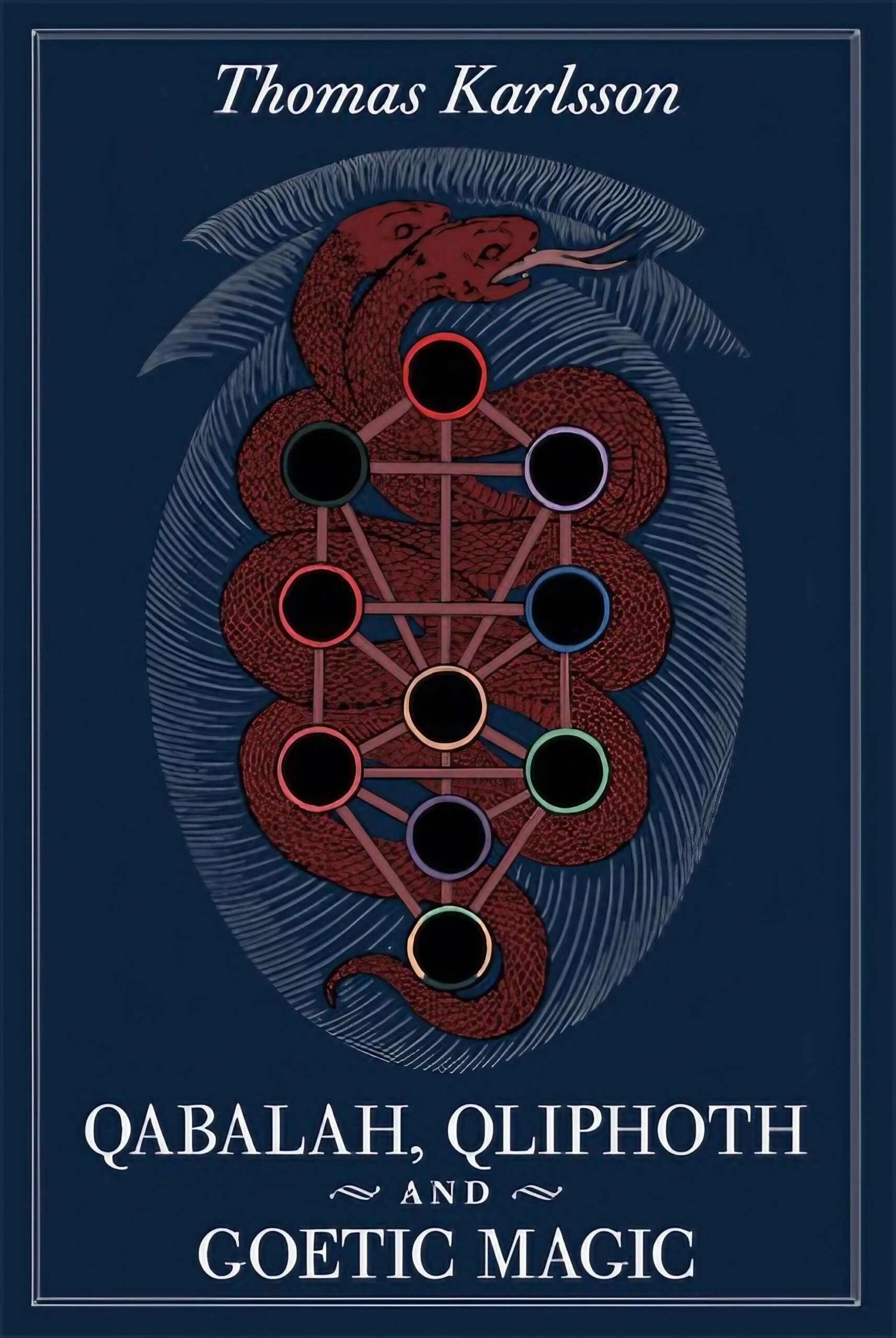 Book cover for ‘Qabalah, Qliphoth and Goetic Magic.’ A two-headed red serpent entwines a diagram of the Qliphothic tree.