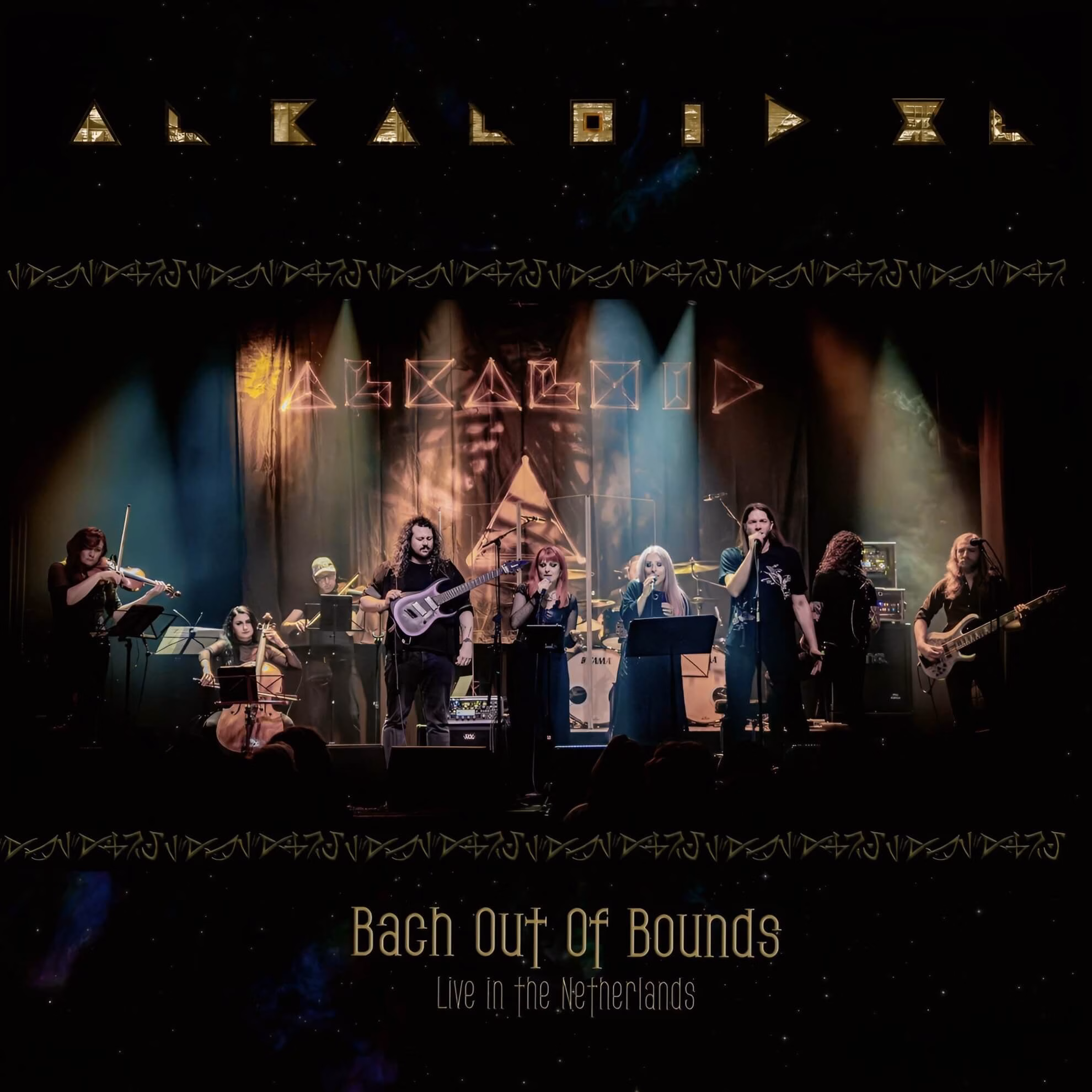 A live concert photo of Alkaloid and classical musicians on stage, framed by a starry void and gold runic text.
