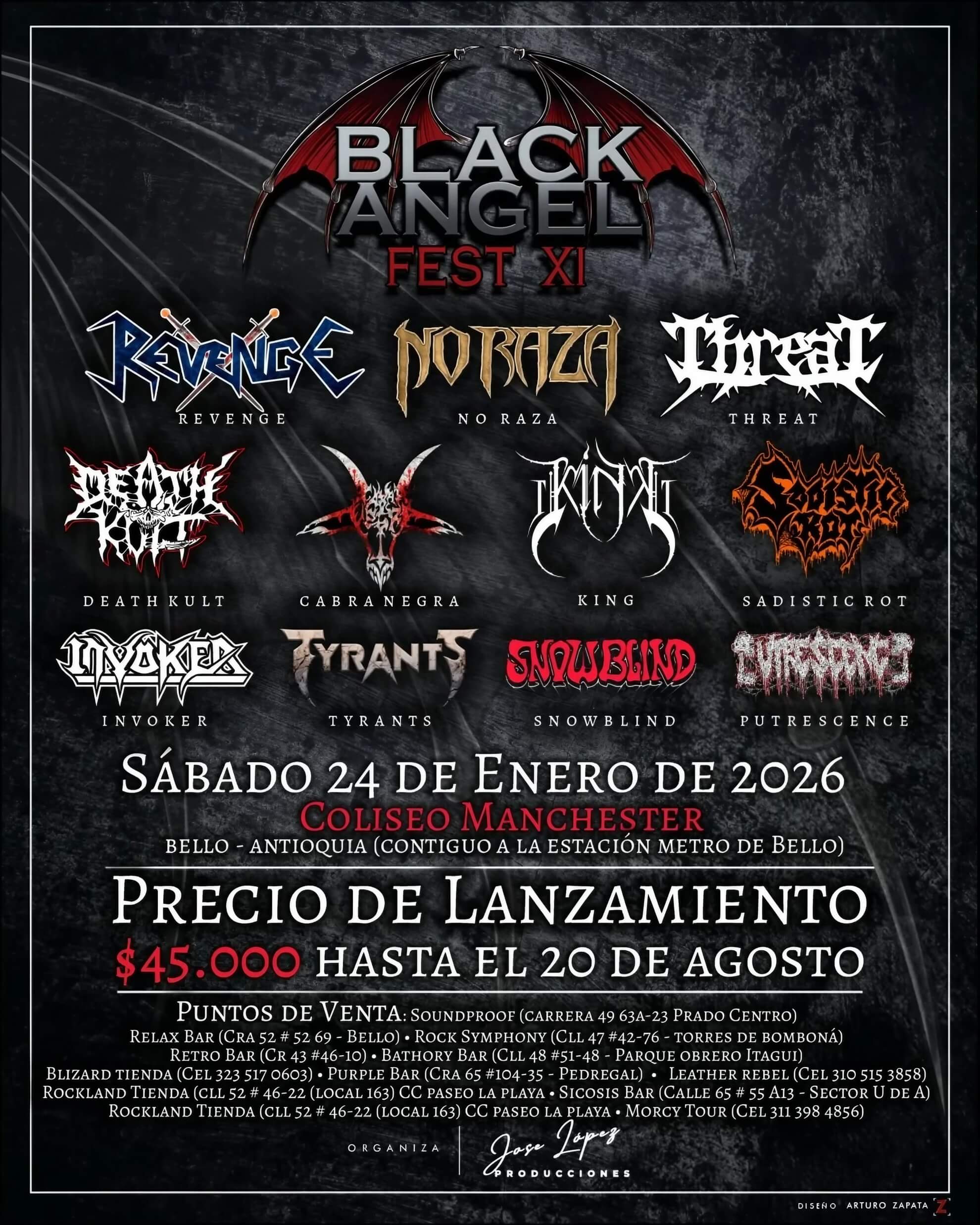 Poster for Black Angel Fest XI. A winged demon logo looms over jagged band logos like No Raza and Revenge in a dark layout.