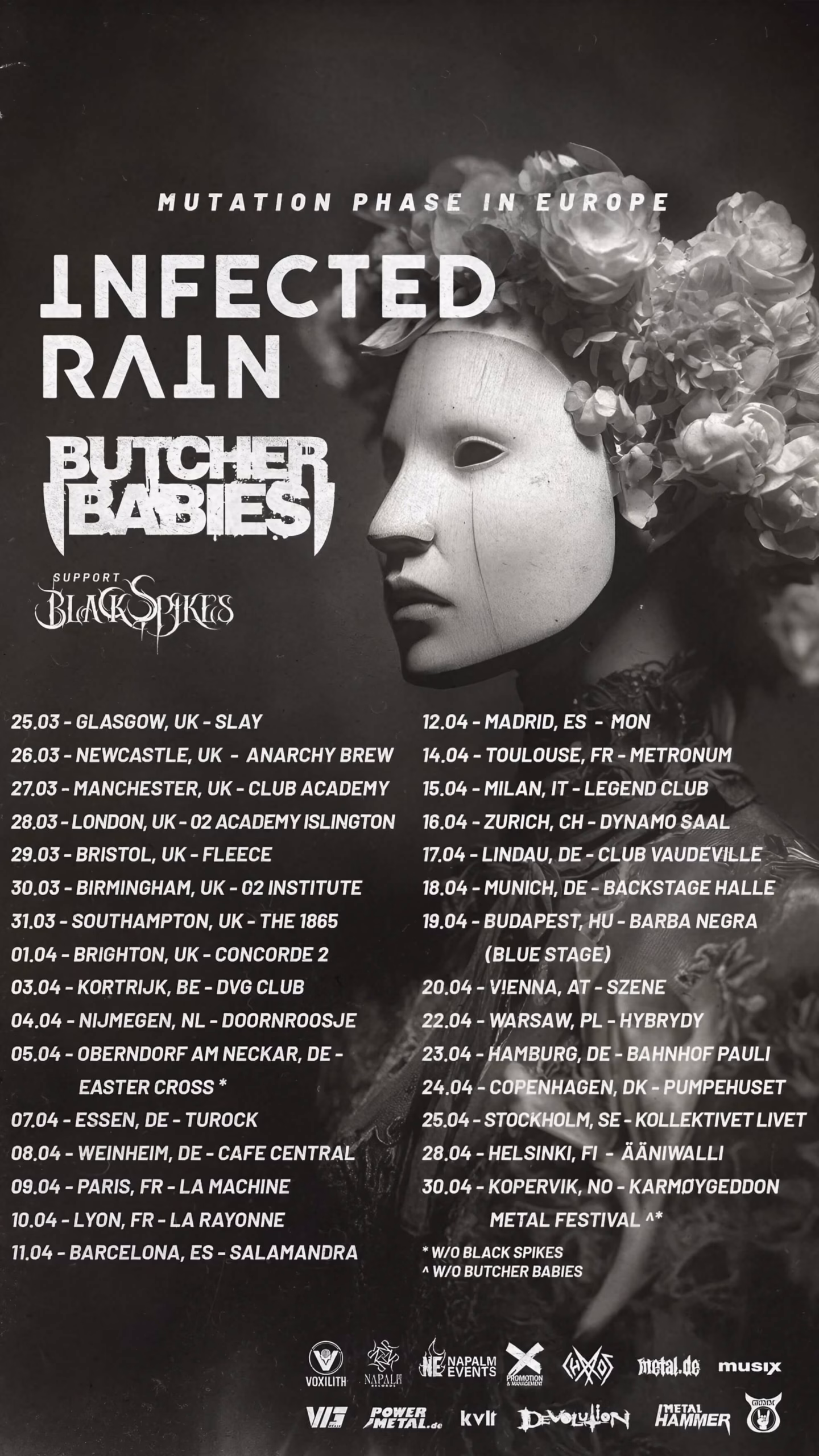 A monochrome tour poster listing 2026 European dates for Infected Rain, Butcher Babies, and Black Spikes beside a floral-masked figure.